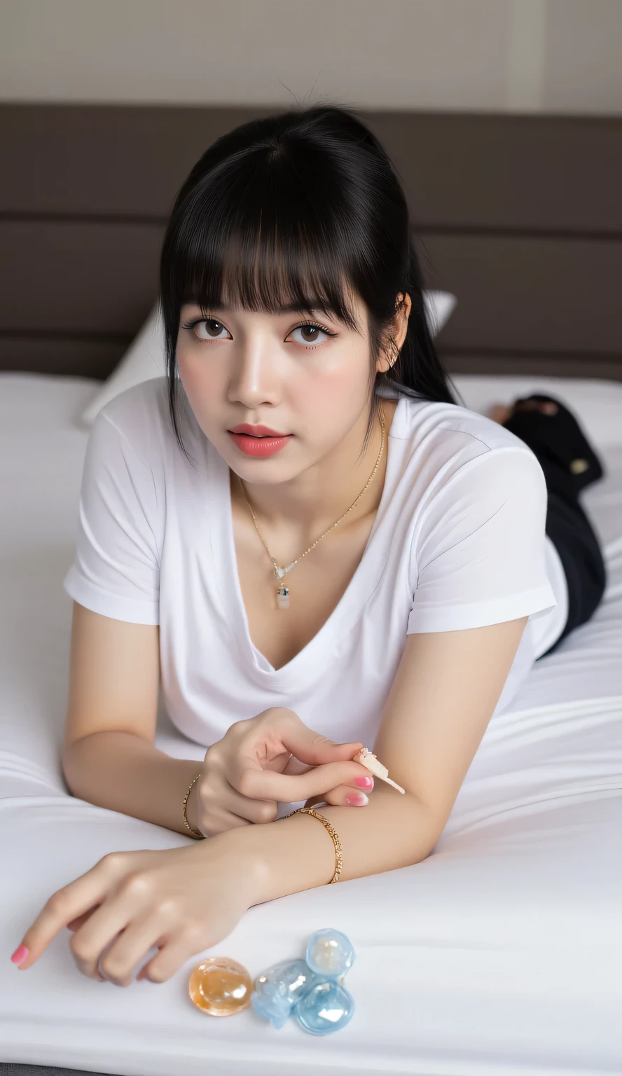 a woman, sleep on your stomach on a mattress, shirt looks full body, eyes looking at camera , lip biting condom, using a white V-neck model t-shirt, underwearless, big size G-cup, hanging breasts, Visible cleavage, red lips, bras and condoms strewn over the mattress, black ponytail hair