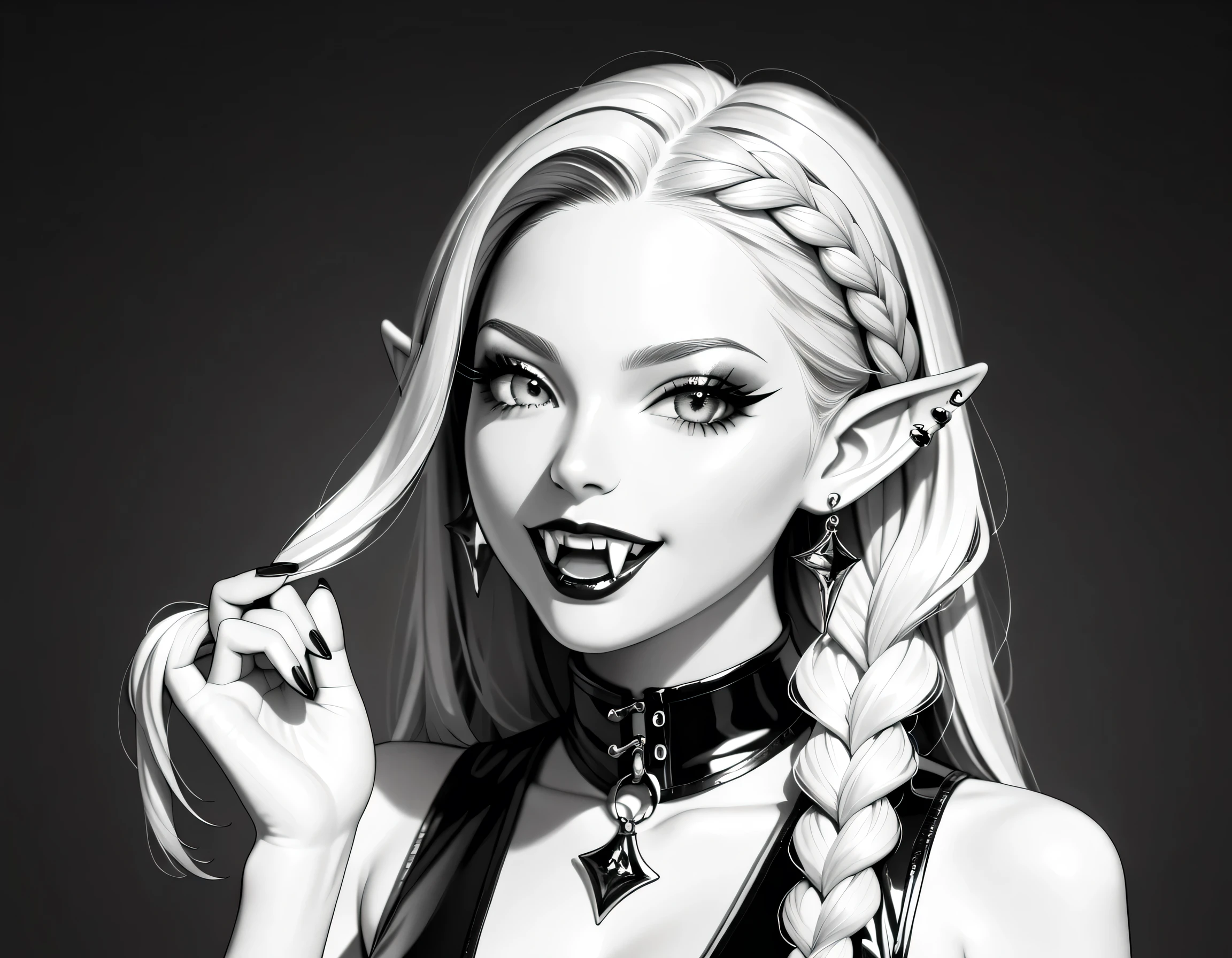score_9, score_8_up, score_7_up, goth black and white anime portrait, (only colors pink and black) a picture of a goth elf dominatrix queen , best detailed face, small elf ears, long braided hair, hair pulled back, blond hair, small pointed ears wearing latex pink mini dress, stockings, high heels, modern bedroom background, (black and white art: 1.5) mostly black and white, best details, best quality, 16k, masterpiece, best quality, (extremely detailed), ultra wide shot, photorealism, (only colors pink and black), vampyfangs1, fantasy, Cinematic Shot