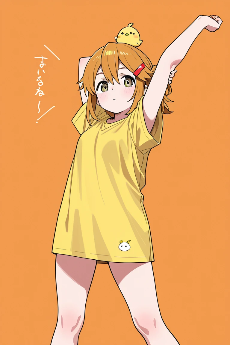 1girl solo hoshizora rin orange hair yellow eyes short hair,nsfw,,9years old,shirt lift