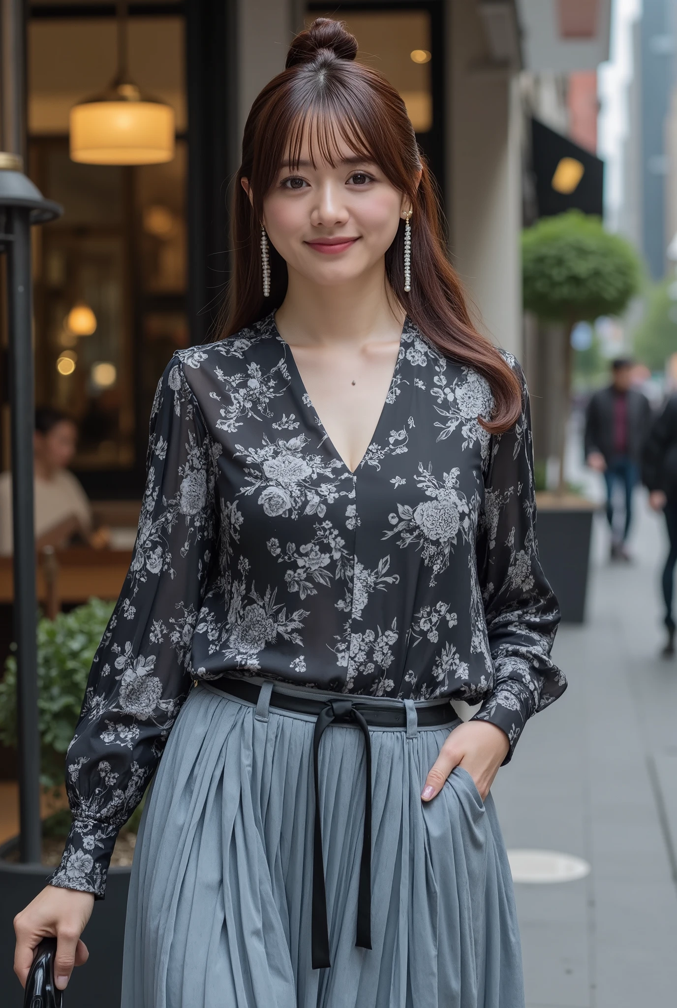 high definition、8K quality、fine skin on the street、Close-up angle from the waist,A stylish designer hotel at night、 when it's bright during the day, looking forward, stares at viewers, smile showing teeth,has bundled hair、ホテルのベッド上に一人のロングヘアーのhas bundled hair女性が膝を曲げて座っている、black floral gray blouse and blue-gray maxi pleated skirt、Ribbon Belt、Long Swaying Pearl Earrings、Feminine Simple White Watch