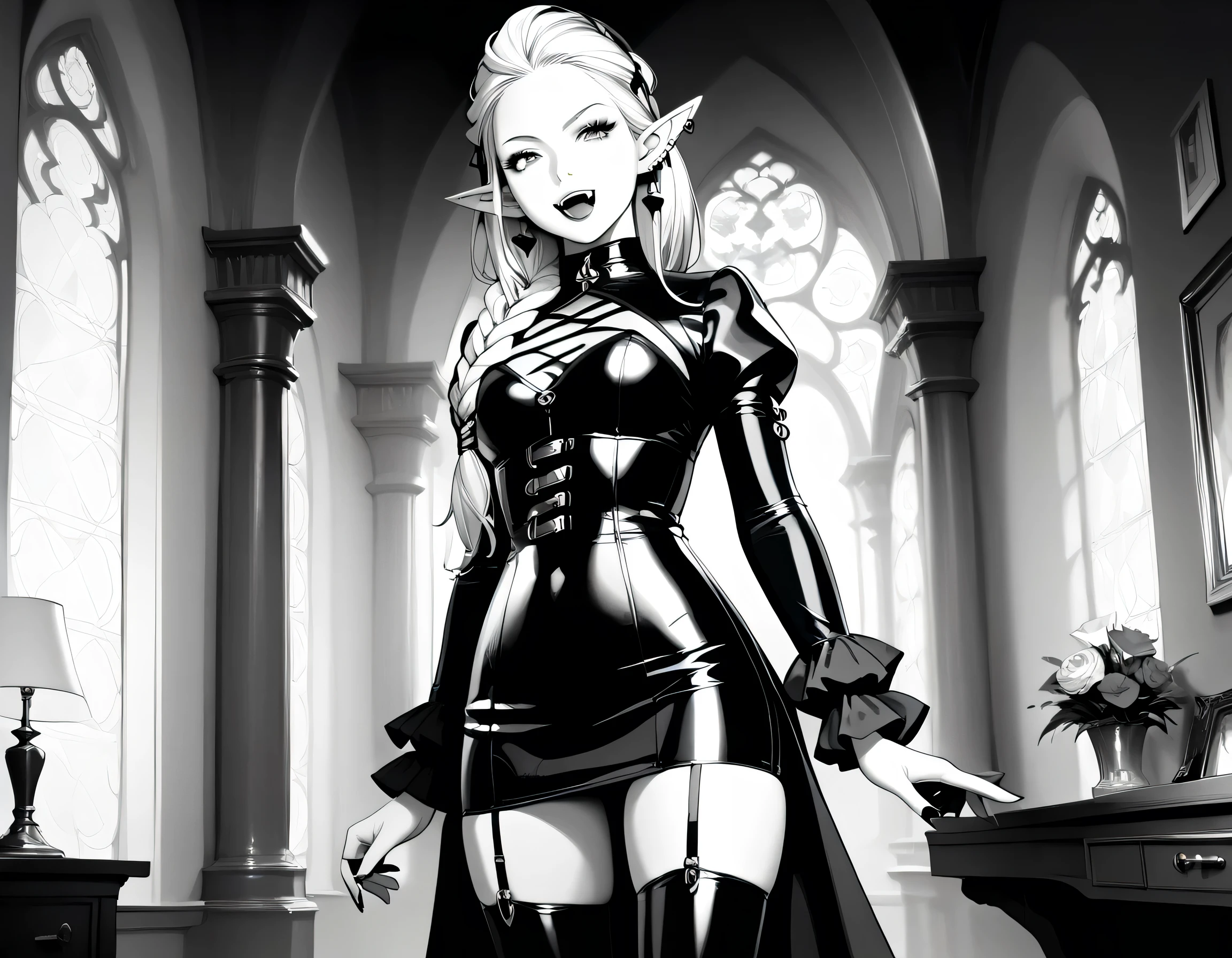 score_9, score_8_up, score_7_up, goth black and white anime portrait, (only colors pink and black) a picture of a goth elf dominatrix queen , best detailed face, small elf ears, long braided hair, hair pulled back, blond hair, small pointed ears wearing latex pink mini dress, stockings, high heels, modern bedroom background, (black and white art: 1.5) mostly black and white, best details, best quality, 16k, masterpiece, best quality, (extremely detailed), ultra wide shot, photorealism, (only colors pink and black), vampyfangs1, fantasy, Cinematic Shot