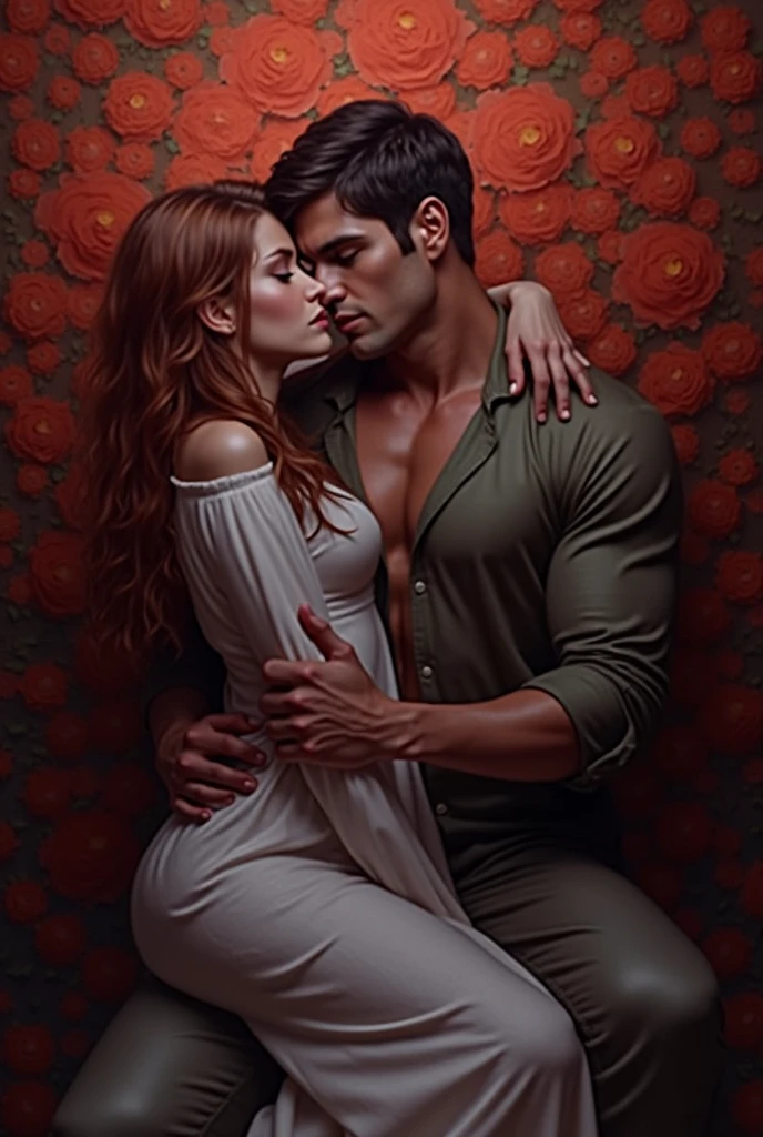 In a boudoir, a pale woman, with red hair and wearing black lingerie, kiss a tall hispanic man, with wavy hair