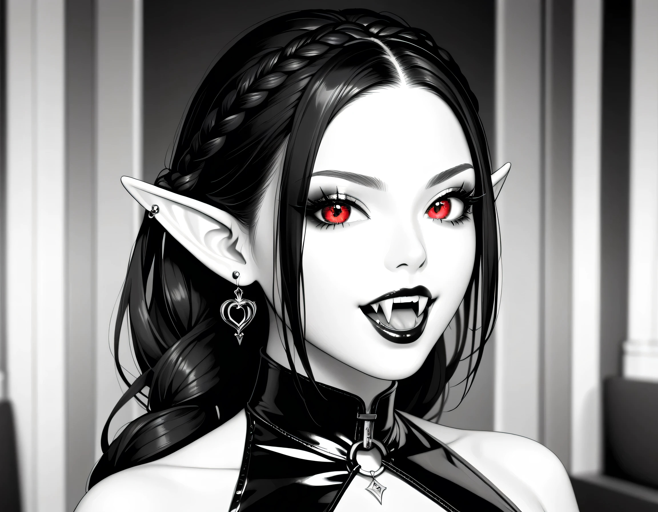 score_9, score_8_up, score_7_up, goth black and white anime portrait, a picture of a goth elf dominatrix queen , best detailed face, small elf ears, long braided hair, hair pulled back, blond hair, red eyes, small pointed ears wearing latex pink mini dress, stockings, high heels, modern bedroom background, (black and white art: 1.5) mostly black and white, best details, best quality, 16k, masterpiece, best quality, (extremely detailed), ultra wide shot, photorealism, (only colors red and black), vampyfangs1, fantasy, Cinematic Shot