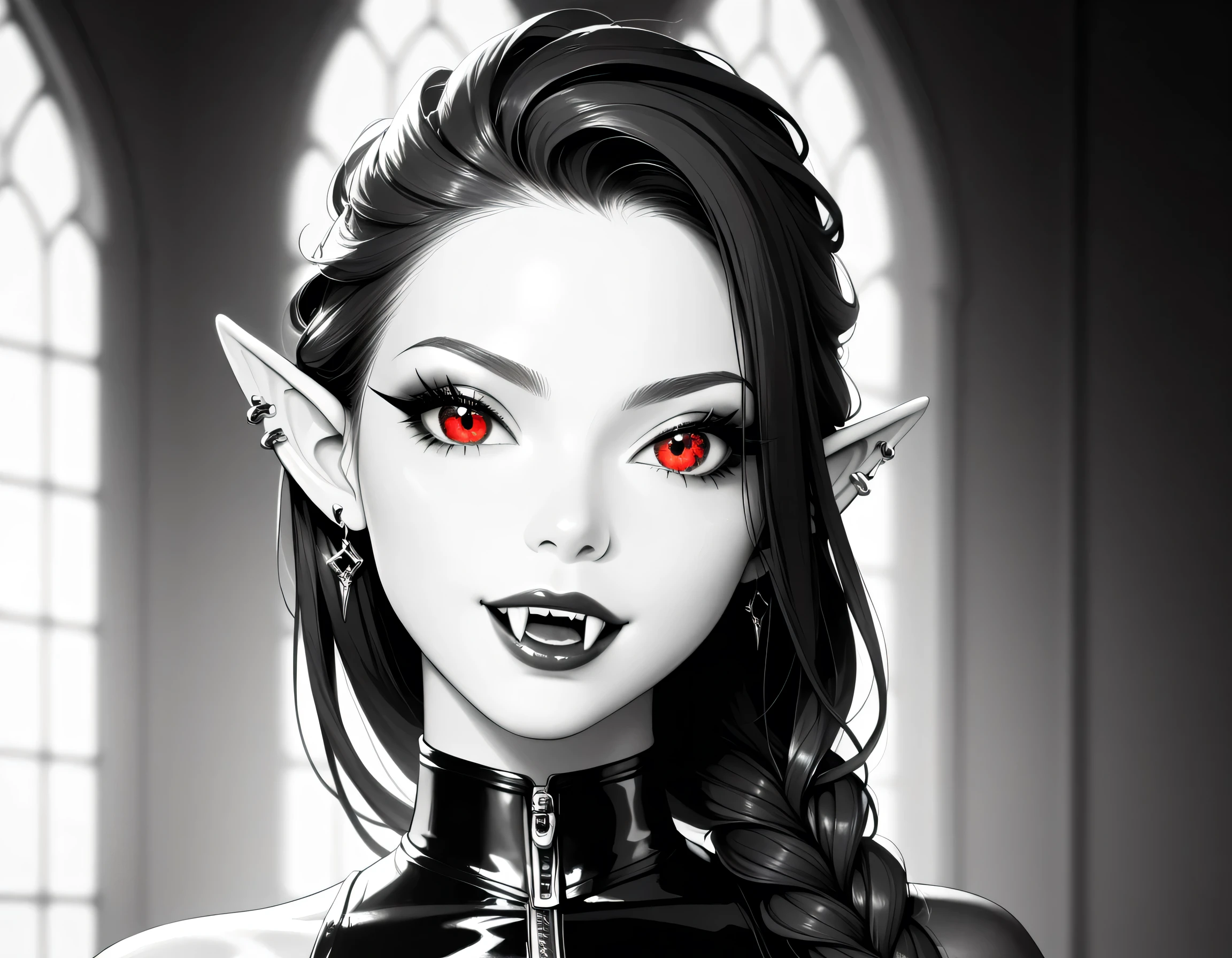 score_9, score_8_up, score_7_up, goth black and white anime portrait, a picture of a goth elf dominatrix queen , best detailed face, small elf ears, long braided hair, hair pulled back, blond hair, red eyes, small pointed ears wearing latex pink mini dress, stockings, high heels, modern bedroom background, (black and white art: 1.5) mostly black and white, best details, best quality, 16k, masterpiece, best quality, (extremely detailed), ultra wide shot, photorealism, (only colors red and black), vampyfangs1, fantasy, Cinematic Shot