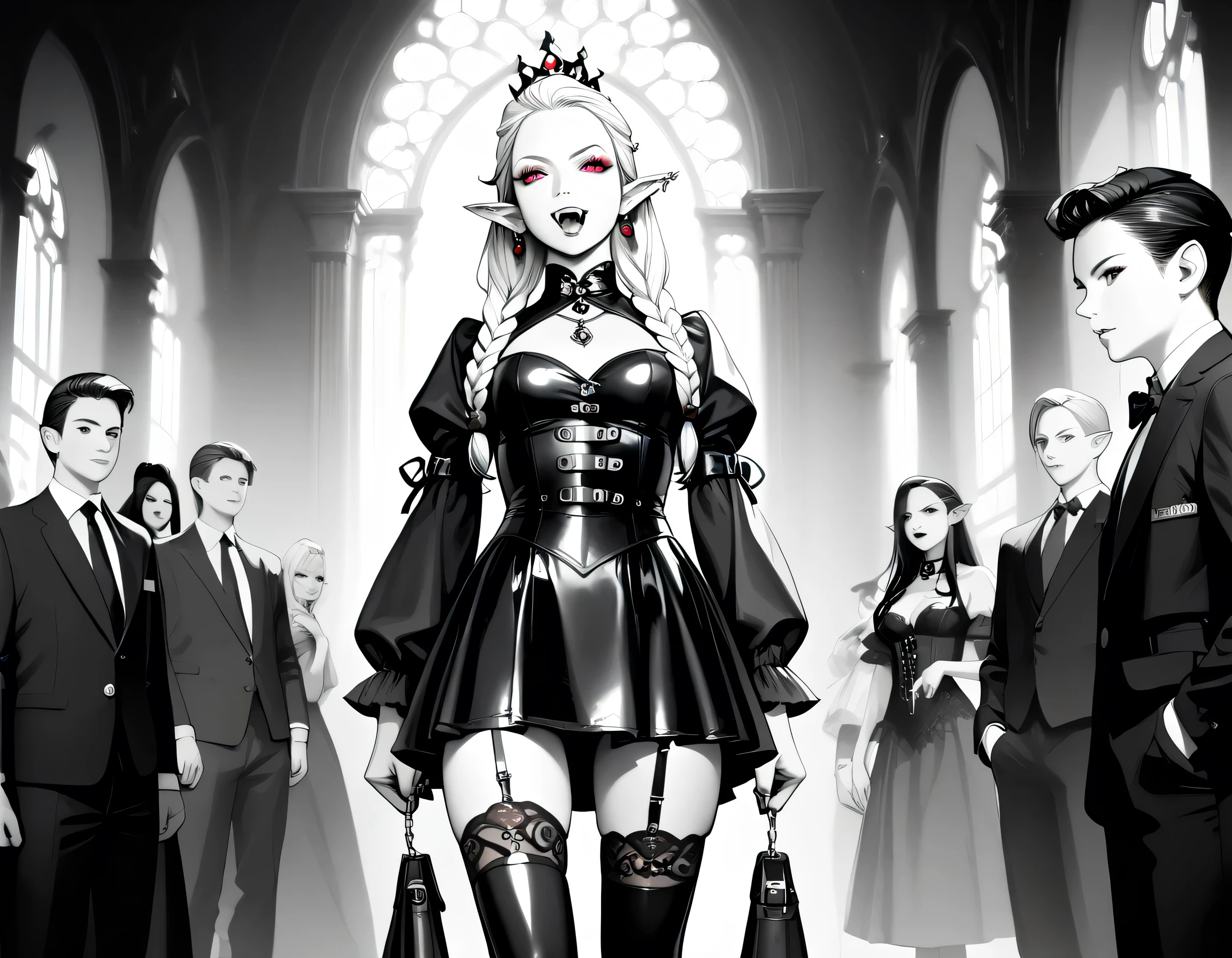 score_9, score_8_up, score_7_up, goth black and white anime portrait, a picture of a goth elf dominatrix queen , best detailed face, small elf ears, long braided hair, hair pulled back, blond hair, red eyes, small pointed ears wearing latex pink mini dress, stockings, high heels, modern bedroom background, (black and white art: 1.5) mostly black and white, best details, best quality, 16k, masterpiece, best quality, (extremely detailed), ultra wide shot, photorealism, (only colors red and black), vampyfangs1, fantasy, Cinematic Shot