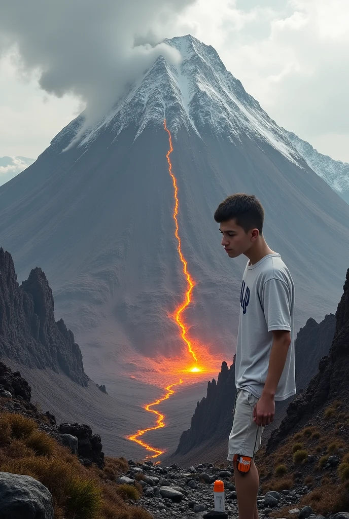 Teen male posing, (((16yo))), full body view, tight gray jeans, looking at distance, atmospheric, ultra realistic, glasses, red yellow hair, volcano at background, flame hairs, topless
