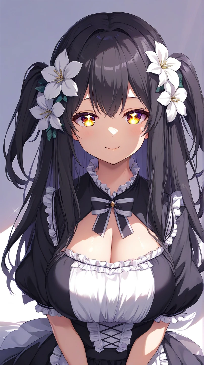 portrait, solo, 1girl, looking at another, smile, blush, medium breasts, glitter particles, Ageratum \(flower\), floral background <lora:kincora_style_v05.77:1>