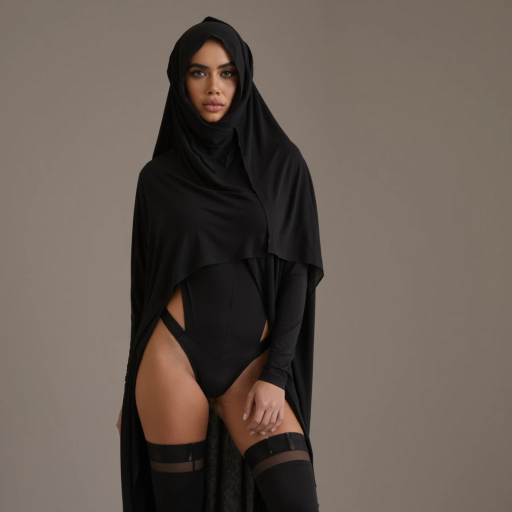 Monica, Bellucci, wearing a traditional middle eastern turban, black thighs (masterpiece, best quality, super detailed), very detailed CG unity 8k wallpaper, (best lighting, best shadows, very delicate  and beautiful), dynamic angles, fine details, depth of field, bloom, sparkle, sparkling stars, [Classic], [Illustration], [Painting], high resolution, original, perfect lighting, colorful, back, (view  looking at audience), ass (pout up) sky, [hands on hips], solo, 1girl, (black (veil hijab)) with (sidelocks), light blush, boobs, white shirt, belt, thigh, thigh gap, cameltoe, (silk lace), (black silk stockings)