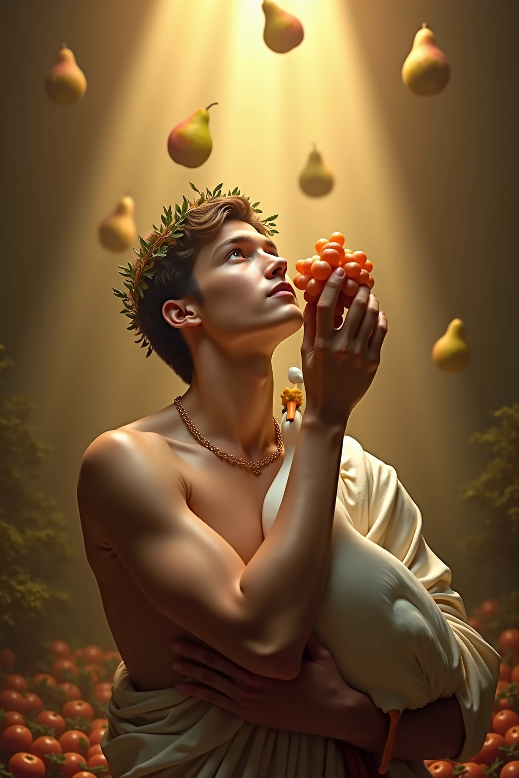 Draw Narcissus, sitting at a long wooden table, daffodils filled with food and flowers in jugs. This is a young and very handsome guy with dark hair. He has a daffodil flower in his hair. He admires himself, can't get away from the mirror. He is narcissistic. Narcissistic facial expression, proud , довольное, arrogant. He has a mirror in his hands, toga he's looking at. He's wearing a white toga. The composition is symmetrical, The lighting is warm, golden , On a dark background. Style - classic Italian painting with antique details.