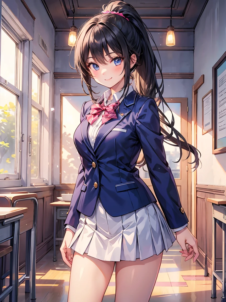 (masterpiece, highest quality, High resolution, 超High resolution, Perfect Pixel, Written boundary depth, 8k, About RTTX10.0), (One Woman:1.3), Cinema Lighting, Best Shadow, The best natural light, Cinematic, ((Smooth texture:0.75, Realistic texture:0.5, Anime CG Style)), Beautiful Anime Women, Beautiful art style, Anime characters, (One woman is lifting her skirt up by herself:1.4), ((Detailed face:1.2)), (Brown Hair, ponytail), Beautiful and big breasts, Slender body,Beautiful thighs, ((Navy Blue Blazer:1.2), White shirt, Navy blue checked skirt, Red ribbon at neck), Embarrassed smile、Troubled face, close your knees, ((Stylish light blue satin side-tie panties with lavish embellishments:1.3), (Light blue with white lace panties)), Diagonal side angle, Dynamic Angle, Sexy pose、Perfect Anatomy, Exact number of arms, Exact number of hands, Exact number of legs、(School classroom, Many people in the background々:1.3), Manga Design