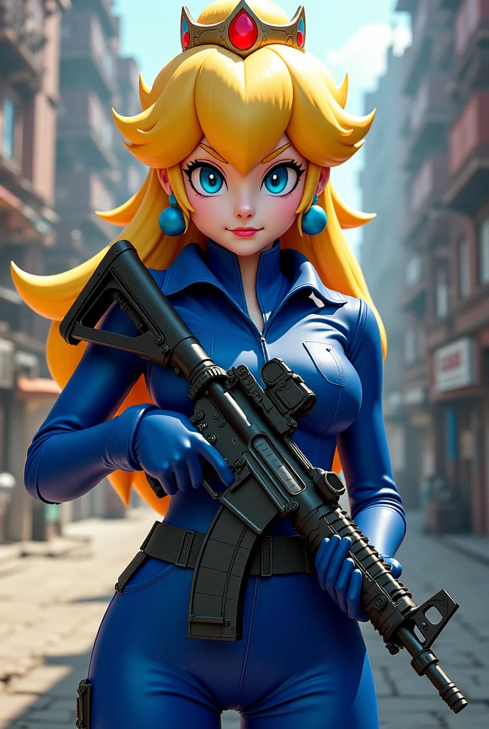 Beauty Princess Peach from Super Mario, slim long body, pale skin, camo full gear, Spec Ops outfit, Army helmet, slim stomach, long hair, ultra detailed beauty faces, full body, action pose, big brightness blue eyes, with big pistol
BREAK score_9, score_8_up, score_7_up, score_6_up, source_cartoon, rating_explicit, Expressiveh, full body, dynamic pose