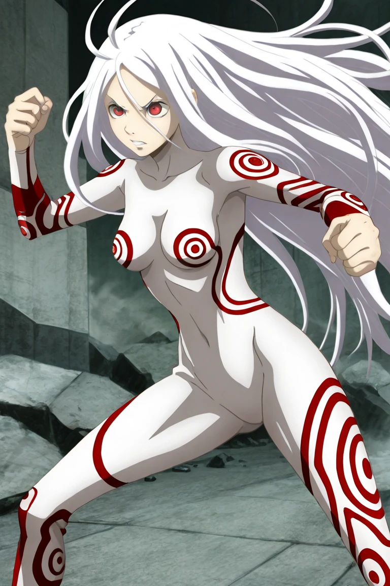 ((best quality)),((highly detailed)),masterpiece,absurdres,detailed face,beautiful face,(detailed eyes, deep eyes),(1girl),((dynamic pose)), Shiro, 1girl, solo, long hair, white hair, smile, red eyes, bodysuit, huge breasts, breasts, ahoge, navel, collar, sky, no humans, very long hair, blurry, looking at viewer, outdoors, gloves, full body, ruin of a medieval village background