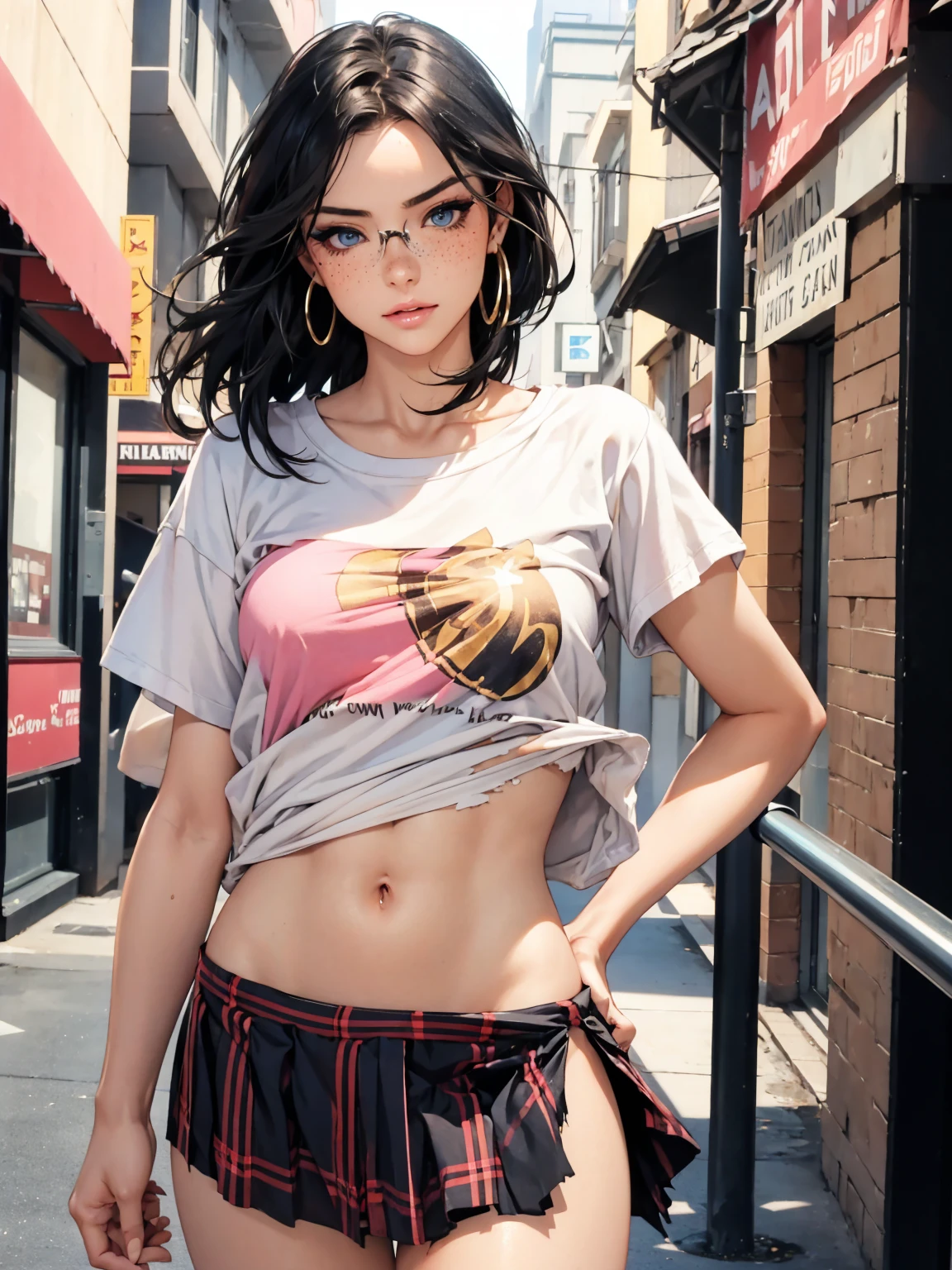 1990s, (masterpiece), high-definition, detailed face, korean girl, abs, (big tits: 1.4) big hips, messy dark purple hair, orange eyes, crop top sweater, jacket, (tight sport shorts: 1.3), belt, (thong: 1.4), thigh high stockings, boots, fishnet, balcony, leaning on the railing, (messenger bag: 1.3), sunset