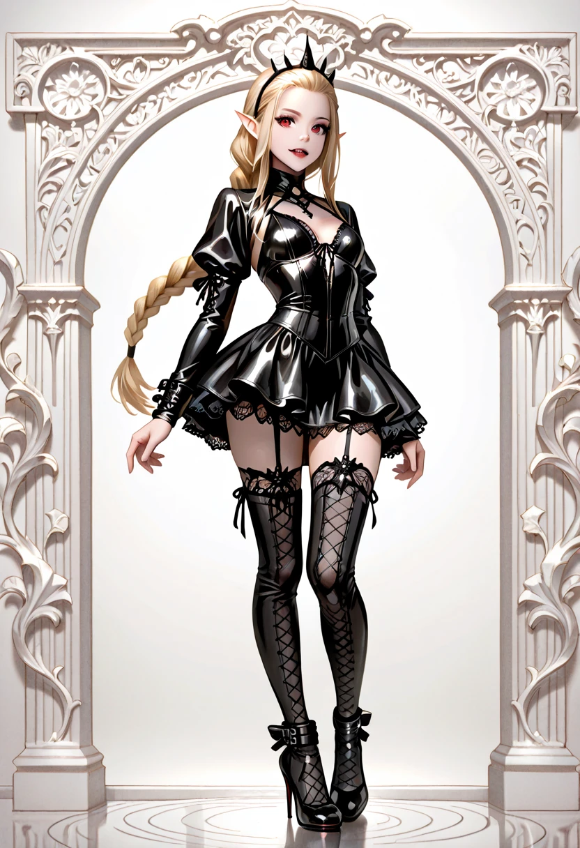 a pin up picture of Elf Barbie as a dominatrix queen (best details, Masterpiece, best quality :1.5), ultra detailed face (best details, Masterpiece, best quality :1.5), ultra feminine (best details, Masterpiece, best quality :1.5), wearing latex (pink: 1.4) mini dress, pink stockings, pink high heels, long braided hair, hair pulled back, blond hair, modern bedroom background (best details, Masterpiece, best quality :1.5), ultra best realistic pictures , best details, best quality, 16k, [ultra detailed], masterpiece, best quality, (extremely detailed), ultra wide shot, photorealism, depth of field, hyper realistic painting