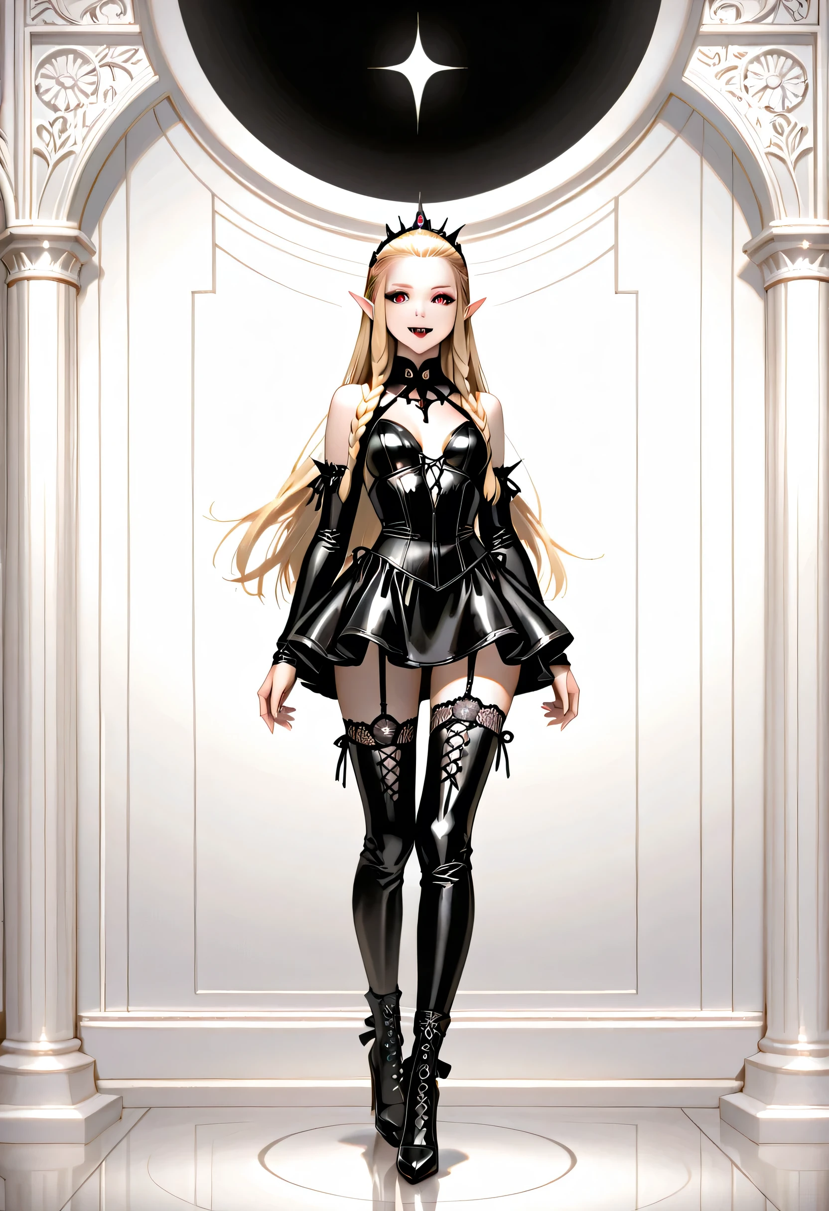  goth black and white anime portrait, a picture of olo goth elf dominatrix queen , best detailed face, small elf ears, long braided hair, hair pulled back, blond hair, red eyes, small pointed ears wearing latex pink mini dress, stockings, high heels, modern bedroom background, (black and white art: 1.5) mostly black and white, best details, best quality, 16k, masterpiece, best quality, (extremely detailed), ultra wide shot, photorealism  lace up stilettos, fantasy, Cinematic Shot, dvr-hgh-fnt, d4f4b, vampire, fangs, Fantasy Art Deco
