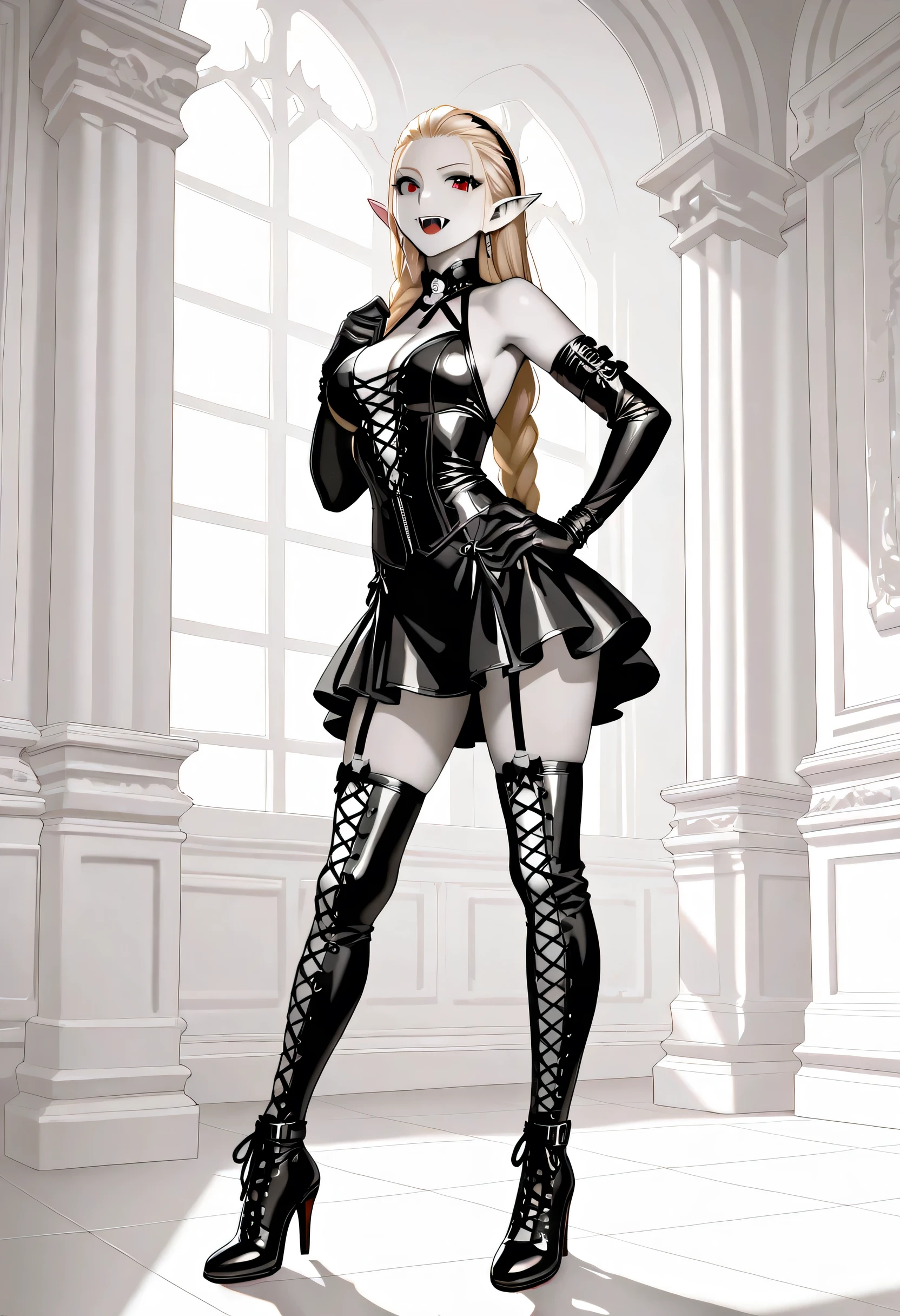  goth black and white anime portrait, a picture of olo goth elf dominatrix queen , best detailed face, small elf ears, long braided hair, hair pulled back, blond hair, red eyes, small pointed ears wearing latex pink mini dress, stockings, high heels, modern bedroom background, (black and white art: 1.5) mostly black and white, best details, best quality, 16k, masterpiece, best quality, (extremely detailed), ultra wide shot, photorealism  lace up stilettos, fantasy, Cinematic Shot, dvr-hgh-fnt, d4f4b, vampire, fangs