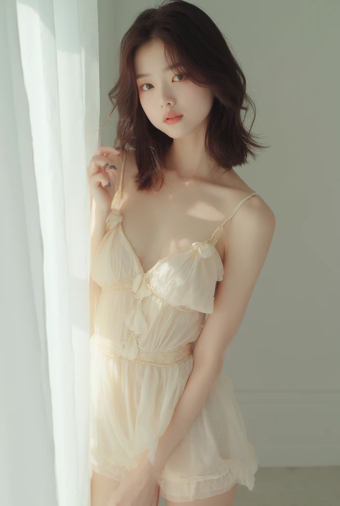 Jessica Henwick, sad look, short wavy hair, white polka dot dress, thin body, photorealistic, 8k, detailed portrait, emotional expression, feminine, elegant, delicate features, intricate details, soft lighting, dramatic shadows, cinematic composition, muted color palette, melancholic atmosphere, naturalistic rendering