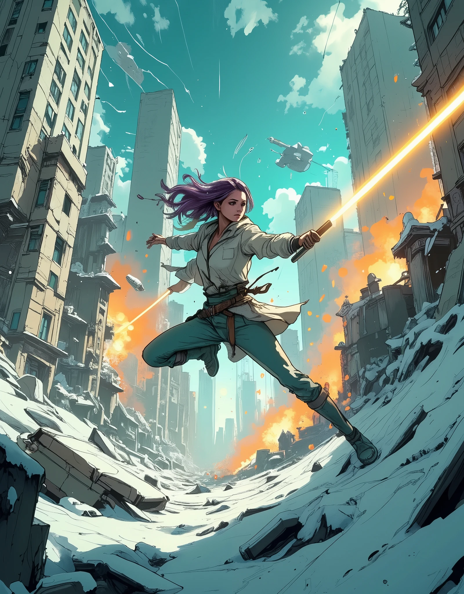 A high-quality, semi-realistic anime-style digital image with ultra-detailed rendering, a dynamic low-angle action shot of a young woman, a futuristic cyber warrior, jumping through the air in the middle of dilapidated architecture on a frozen, icy utopian planet. Her body bends in the air, one leg bent, the other extended as she dodges the incoming energy strike. Her left hand is raised for balance, while her right hand clutches a smooth, powerful glowing neon wand. Her purple hair, covered with frost, flutters in the wind, caught up by the rising current of air during the battle. Her soft but determined expression contrasts with the destruction around her, her delicate features illuminated by blinding flashes of plasma fire.  
The surrounding landscape is a frozen turquoise architectural utopian wasteland. Giant ruins of fantastic buildings made of oxidized copper and travertine pile up to the sky, artillery turrets shoot into the sky, while sleek white futuristic hovercrafts glide forward, and railguns cleave the snow with a shock wave. A powerful explosion is heard behind her, shards of ice and fire fly in all directions, flooding the stage with an orange-white glow.  
The sky above is covered with chaotic flashes of cosmic thunderstorms and silver trails of star showers, contrails of rockets and spaceships engaged in aerial combat. In the distance, icy cliffs are collapsing under relentless space bombardment, avalanches of frozen rocks are crashing onto the horizon.  
The female warrior turns in the air, dodging flying ice fragments that narrowly miss her shoulder. The air around her bends from the heat radiation as she prepares to land, taking a defensive stance. Despite the chaos, her movements are precise and controlled, like a lone warrior in the middle of a ruthless cyber-space war. Cold cosmic light falls from above and from the side, a powerful stream from the sky, passing through gaping holes in crumbling beautiful buildings, Incredibly mobile stylized 