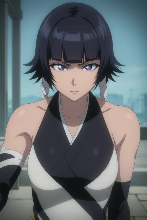 soifon, <lora:soifon-lora-nochekaiser:1>,
soifon, short hair, bangs, black hair, short hair with long locks, (black eyes:1.5),
BREAK gloves, japanese clothes, elbow gloves, hakama, black hakama, (haori:1.5), black kimono, long sleeves, wide sleeves, black sleeves,
BREAK outdoors,
BREAK looking at viewer,
BREAK <lyco:GoodHands-beta2:1>, (masterpiece:1.2), best quality, high resolution, unity 8k wallpaper, (illustration:0.8), (beautiful detailed eyes:1.6), extremely detailed face, perfect lighting, extremely detailed CG, (perfect hands, perfect anatomy),
