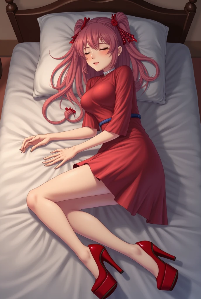 score_9, score_8_up, score_7_up, source_anime, rating questionable, lying on back, <lora:GirlfriendXLPDLoCon:.95> girlfriend \(friday night funkin'\), red dress, sleeveless dress, short dress, bare shoulders, red footwear, high heels, black eyes