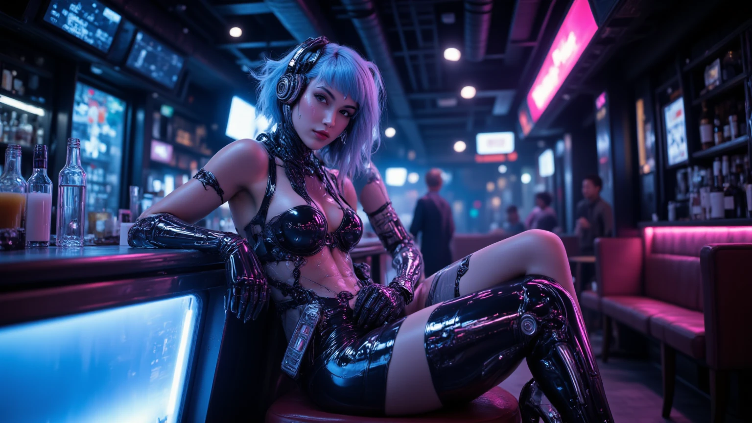 (best quality,4k,highres,masterpiece:1.2),ultra-detailed,realistic,disco,club scene, cybernetic disco, vibrant atmosphere, colorful lights, neon glow, energetic dancers, futuristic setting, lively music, pulsating beats, synchronized dance moves, DJ playing electronic music, mirror balls, lasers, smoke machines, people in stylish outfits, drinks being served, drinks with glowing ice cubes, glowing dance floor, robot bartender, serving drinks, high-tech bar, metallic textures, cyberpunk vibes, dynamic poses, happy expressions, joyful atmosphere, partying crowd, excitement, celebration, technologically advanced society