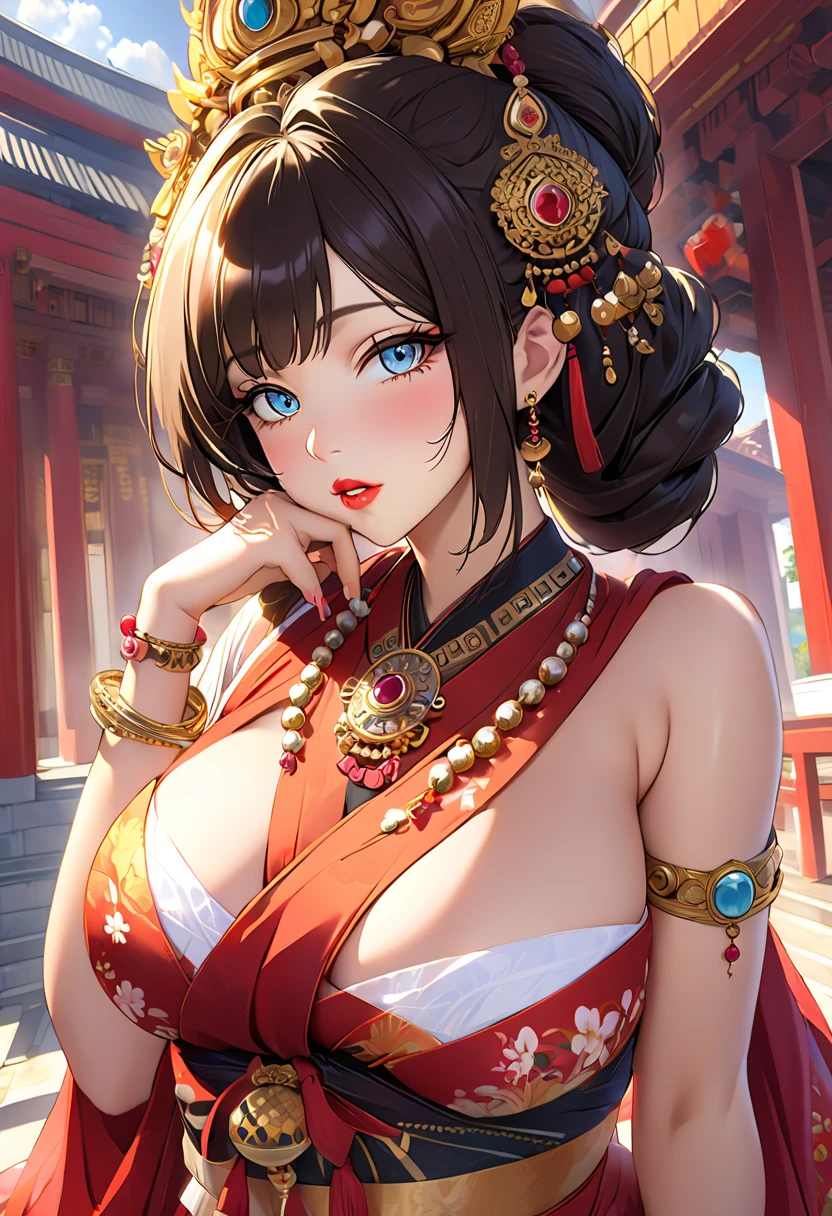(High quality, High resolution, Fine details, Realistic), immoral woman in Chinese dress, elaborate silk brocade, intricate embroidery, radiant beauty, ebony hair cascading down, graceful posture, intricate floral patterns, vibrant colors, solo, Curvy women, sparkling eyes, (Detailed eyes), coquettish smile, blush, Large breasts, Sweat, Oily skin, dimly lit chamber, soft candlelight, Shallow depth of field