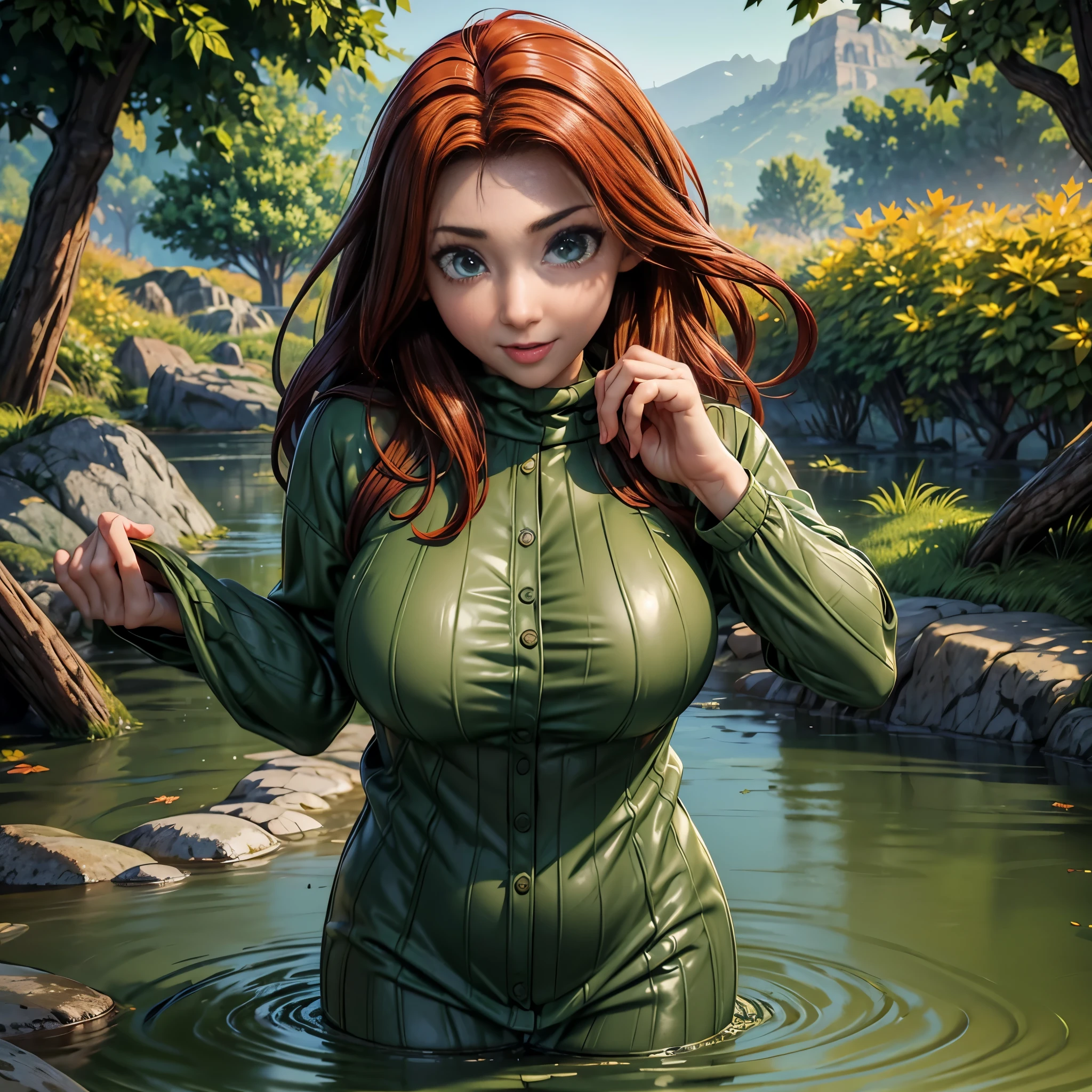 masterpiece, best quality, autumn outfit, colorful hair, outdoor,upper body, colorful autumnal clothes, ((fully clothed)), warm clothes, wet clothes, soaked, drenched, excited, wet hair, wet and slimy, water up to her chest, submerged, translucent, fantasy environment, fantastical, vivid colors, varied poses, detailed green eyes, tara.tainton