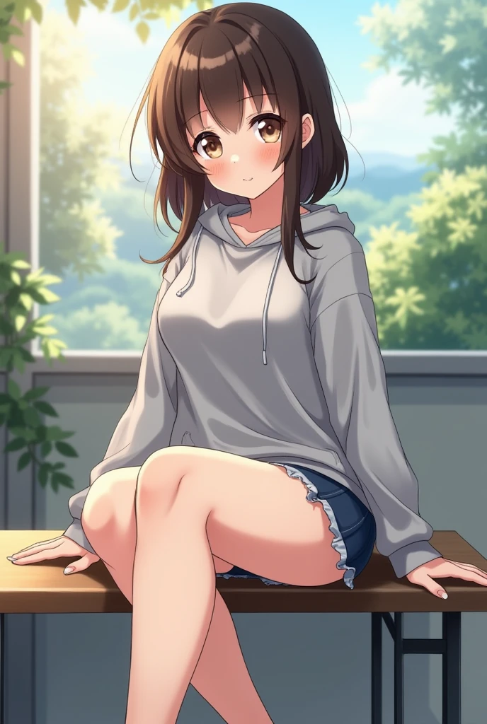 (masterpiece, highest quality, High resolution, realistic pictures, realistic skin:1.1),
(wearing a blue hoodie, loose socks:1.1), 
1 girl, beautiful eyes, shining eyes, brown hair, medium long hair, university student, The place is a wooden chair at a coffee shop.., 
(sitting on a wooden chair:1.5), 
(My crotch doesn&#39;t open:1.8),
(Sit with your legs together:1.8),
(wearing a tight miniskirt:1.5),
(Panties are slightly exposed between the skirt and thighs: 1.5), 
(simple pink cotton panties: 1.5), 
(A provocative grin:1.5),
NSFW
