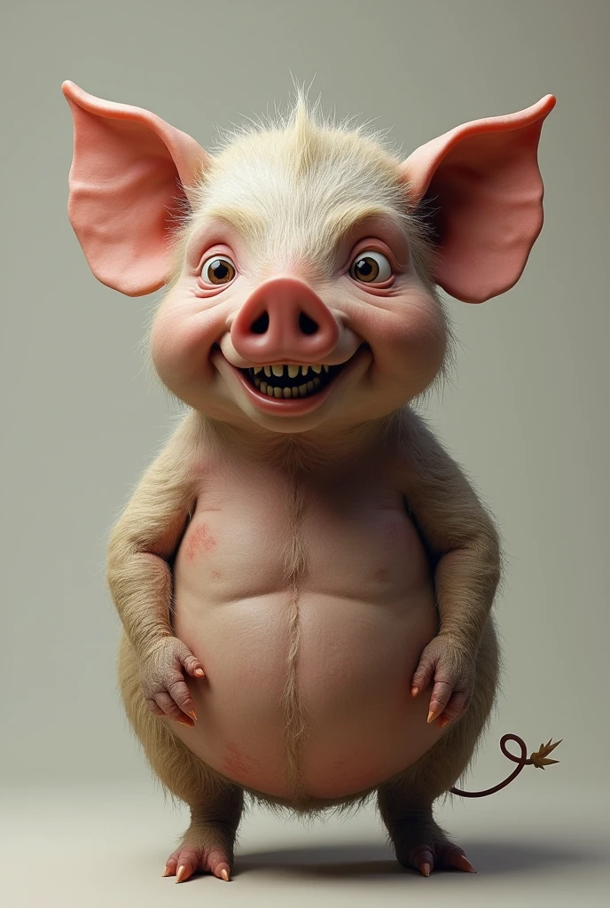 A human with a pig nose and bucktoothed front teeth　woman　Chubby