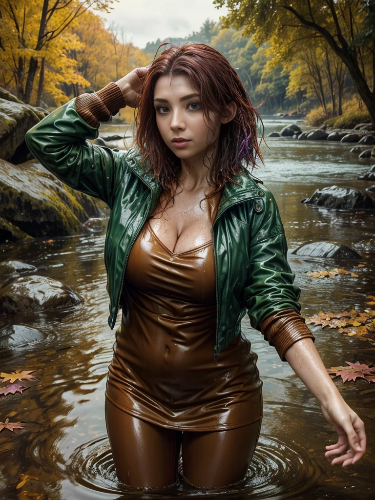 thoroughly drenched beautiful sultry red head woman ((35yr old)), ((35year old woman)), (((sitting on log))), ((athletic)), in forest, armed, ((holster)), wearing (wet black spandex leggings), ((knee length boots)), (secret agent), (army girl), (clinging sheer cotton long-sleeved t-shirt), thoroughly drenched, very wet, ((soakingwetclothes)), ((slippery)), slick, sticky, swamp, clinging to chestline, wet hair, wet chest, wet body, wet face, (nobra), (no bra), cold, carnal, ((Same character)), (full body), (((multiple views of the same character))), wide shot, atmospheric perspective, masterpiece, best quality,