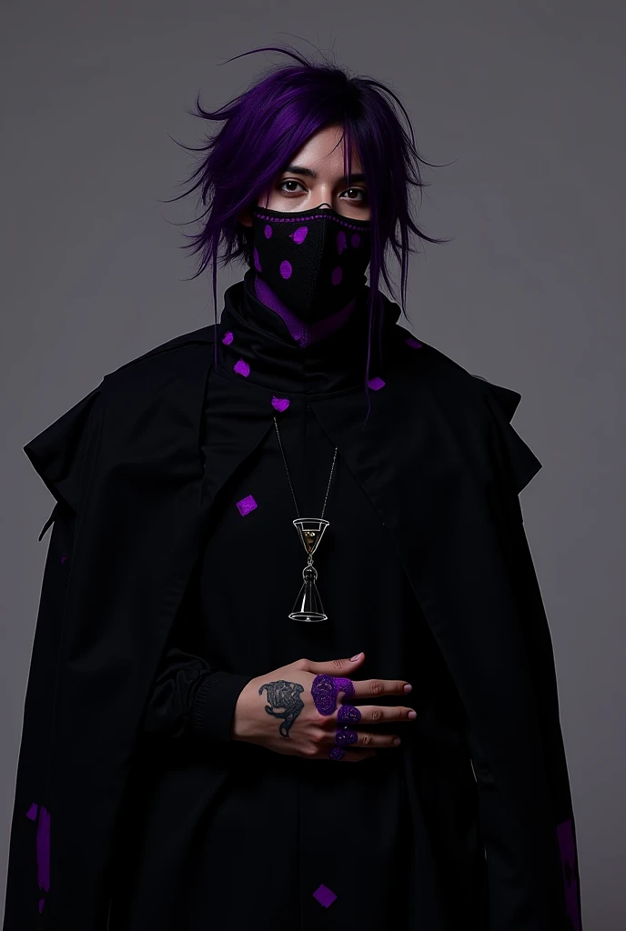 A man with curly purple hair wearing a skull mask along with a goat hood 