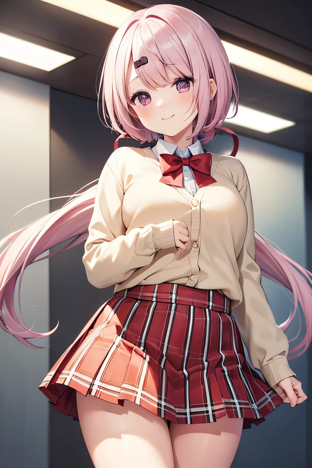 (8k, raw photo, masterpiece, extremely detailed, best quality, professional lighting, high res), BREAK beautiful and adorable girl, shiina yuika, very long hair, gradient hair, pink hair, white hair, low ponytail, hair ribbon, hairclip, plump face, purple eyes, big eyes, red bow, brown cardigan, long sleeves, sleeves past wrists, pleated skirt, red skirt, plaid skirt, (short height, plump body, goofy, round face:1.3), (sleepy, lethergic, goofy face, idiot, mild personality, ennui, kindness, laid-back, relax:1.2), smile