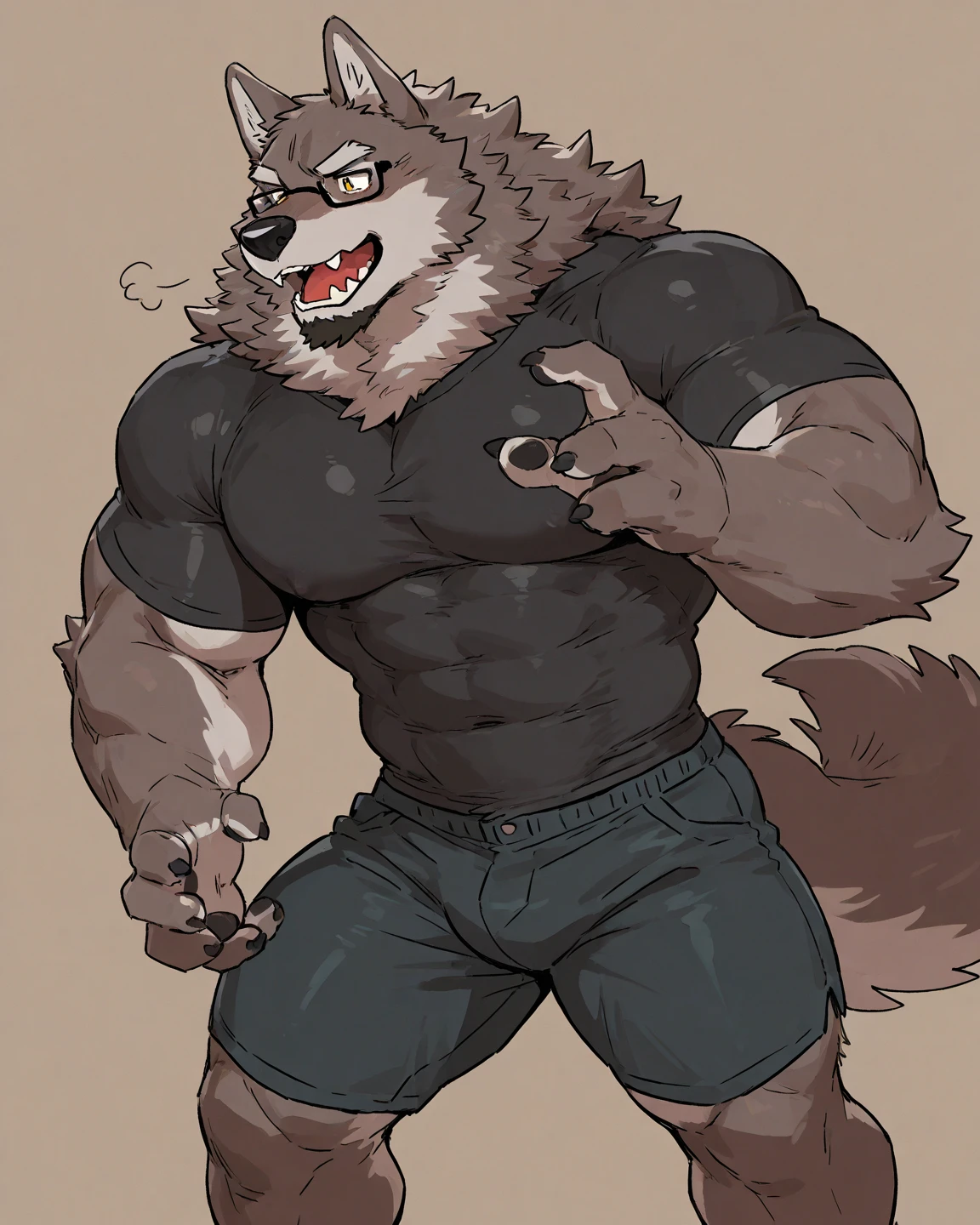 male, muscular, brown wolf , glasses, tail , short beard, compression shirt, long shorts,