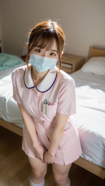 1 Girl,(Wearing white nurse clothes:1.2),(RAW Photos, Highest quality), (Realistic, photo-Realistic:1.4), masterpiece, Very delicate and beautiful, Very detailed, 2k wallpaper, wonderful, finely, Very detailed CG unity 8k wallpaper, Very detailedな, High resolution, Soft Light, Beautiful detailed girl, Very detailed eyes and face, Beautiful and detailed nose, finely beautiful eyes, nurse, Perfect Anatomy, Black Hair, Upstyle, nurse uniform, ((mask)), Long skirt, nurse, White costume, thin, hospital, clear, White Uniform, hospital room, Neck auscultation,Bobcut、Flip up the skirt、20th Generation