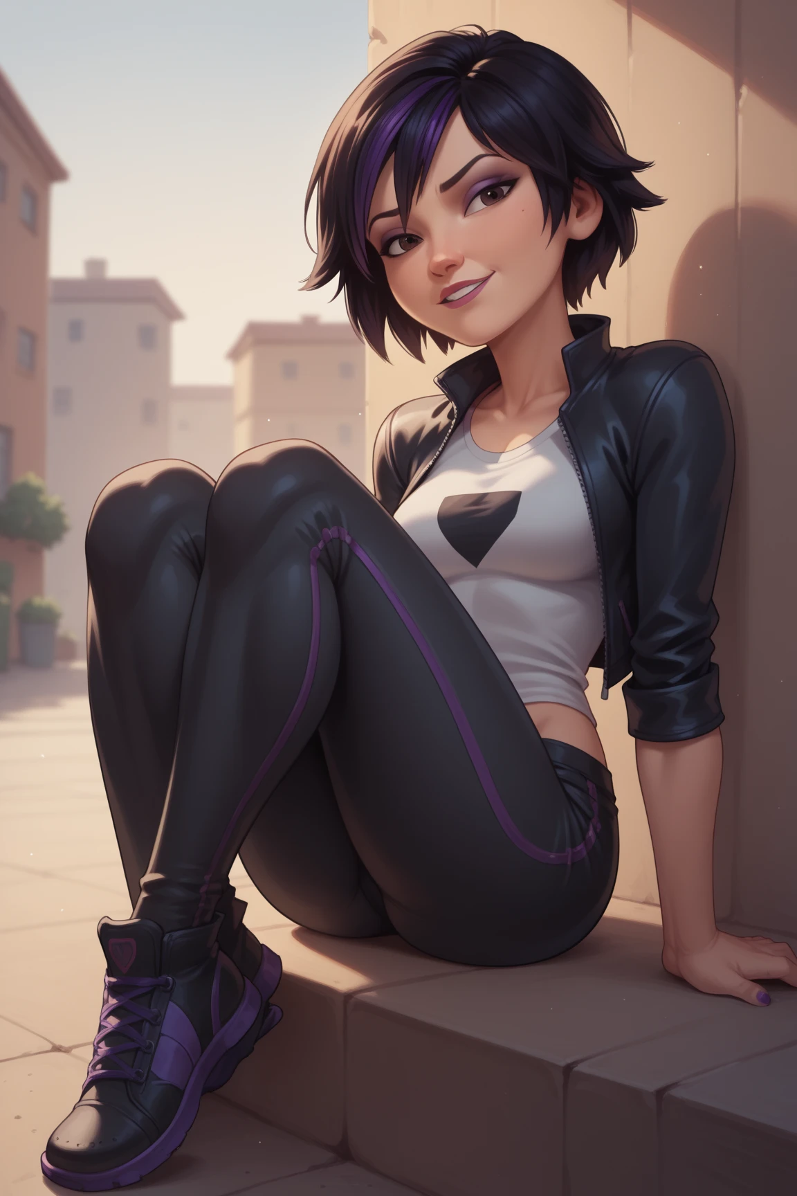 Alita, Battle Angel, pyjama elastic shorts, strapless crop top, cleavage, high-top sneakers, halo, sunglasses, jewelry, brown eyes, longeyelashes, brown eyes, smile, shy, blush, high detail, masterpiece, UHD, anatomically correct, super detail, highres, 4K