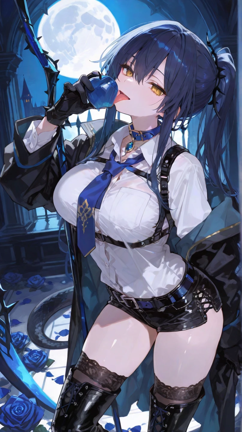 Masterpiece, Beautiful art, professional artist, 8k, Very detailed face, Detailed clothing, detailed fabric, 1 girl, Soul Fullness \(Honkai Impact 3rd\), front view, standing, perfectly drawn body, big breasts, shy expression, pale skin, beautiful face, short dark blue hair, 4k eyes, very detailed eyes, pink cheeks, choker:1.6, (white long sleeve button down shirt with white collar), black gloves, gloves that cover hands, (black leather corset), (shiny black tight mini skirt), Sensual Lips , winter night, show details in the eyes, looking at the viewer, elegant city, at night