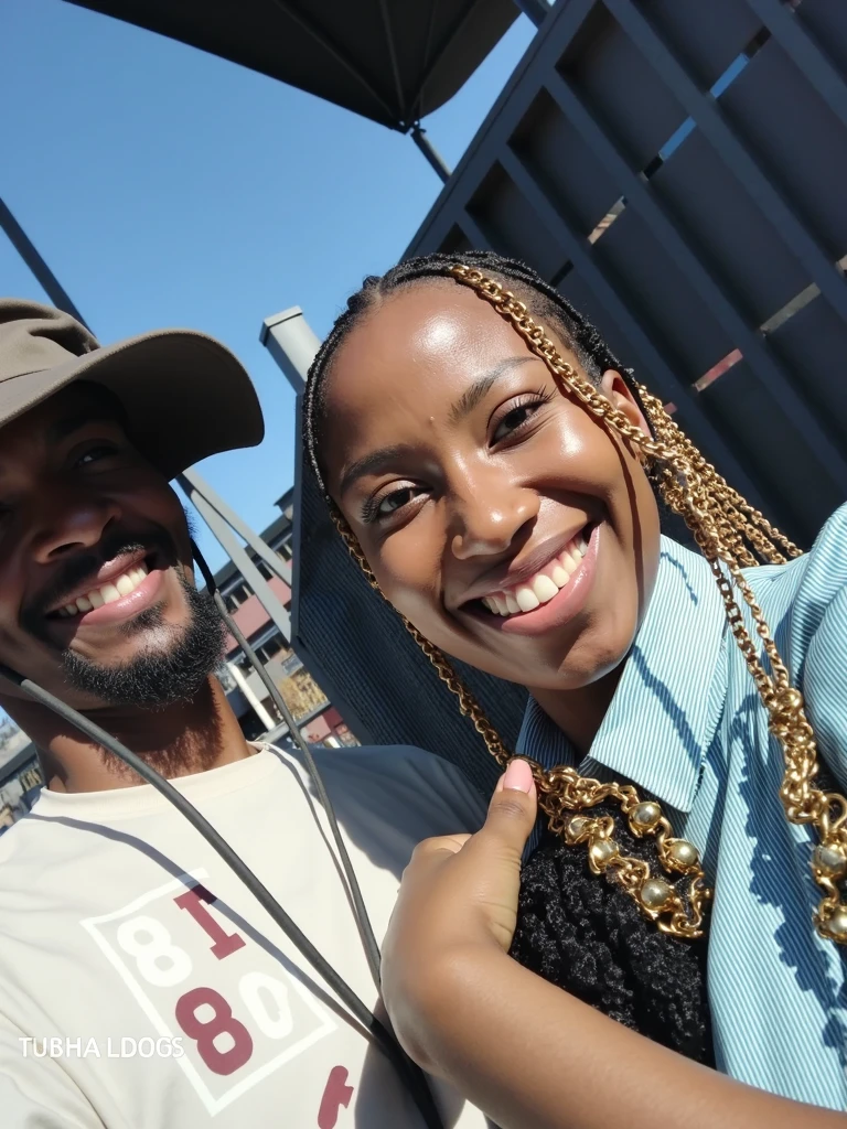 A brown-skinned woman with a rounded nose and mouth, extroverted, straight and green hair. Wear a white shirt with a black tie and suspenders, smiling, and with realistic purple rays around you.. Next to a white man with dreadlocks and a cap, wearing dark sunglasses with white frames and a mischievous smile.