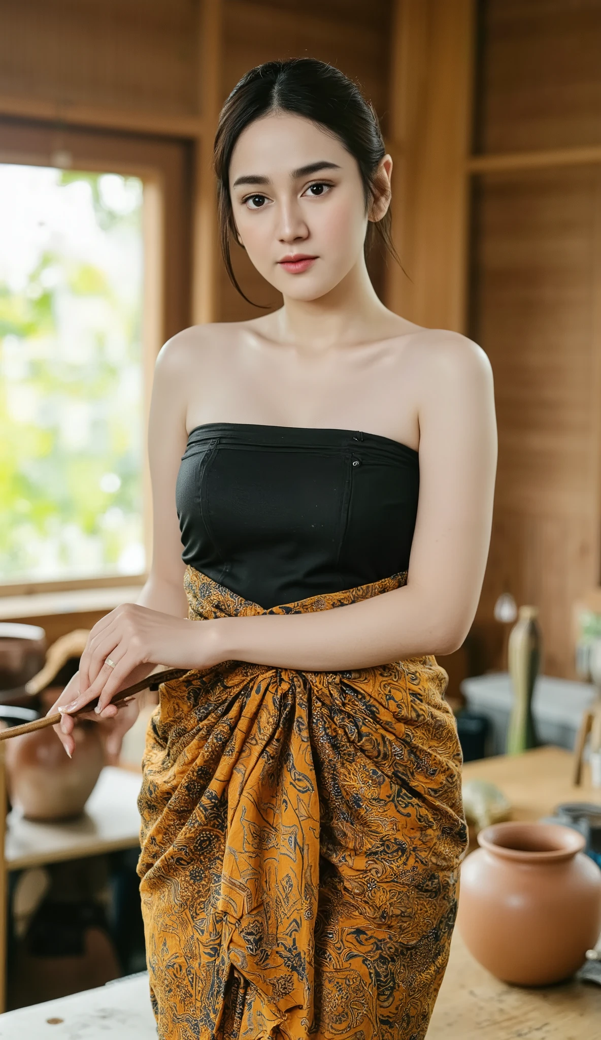"A stunning Korean woman with fair skin, a height of 180 cm, and a curvaceous figure, wearing a black crop tanktop kemben and a brown batik sarung tied around her waist. She is cooking in a traditional Indonesian kitchen, standing near a clay stove with a wooden spoon in her hand. The background shows a rustic kitchen with bamboo walls, earthenware pots, and a window overlooking a green field. The warm, natural light from the window creates a cozy and authentic rural atmosphere, highlighting her graceful presence and the simplicity of rural life."