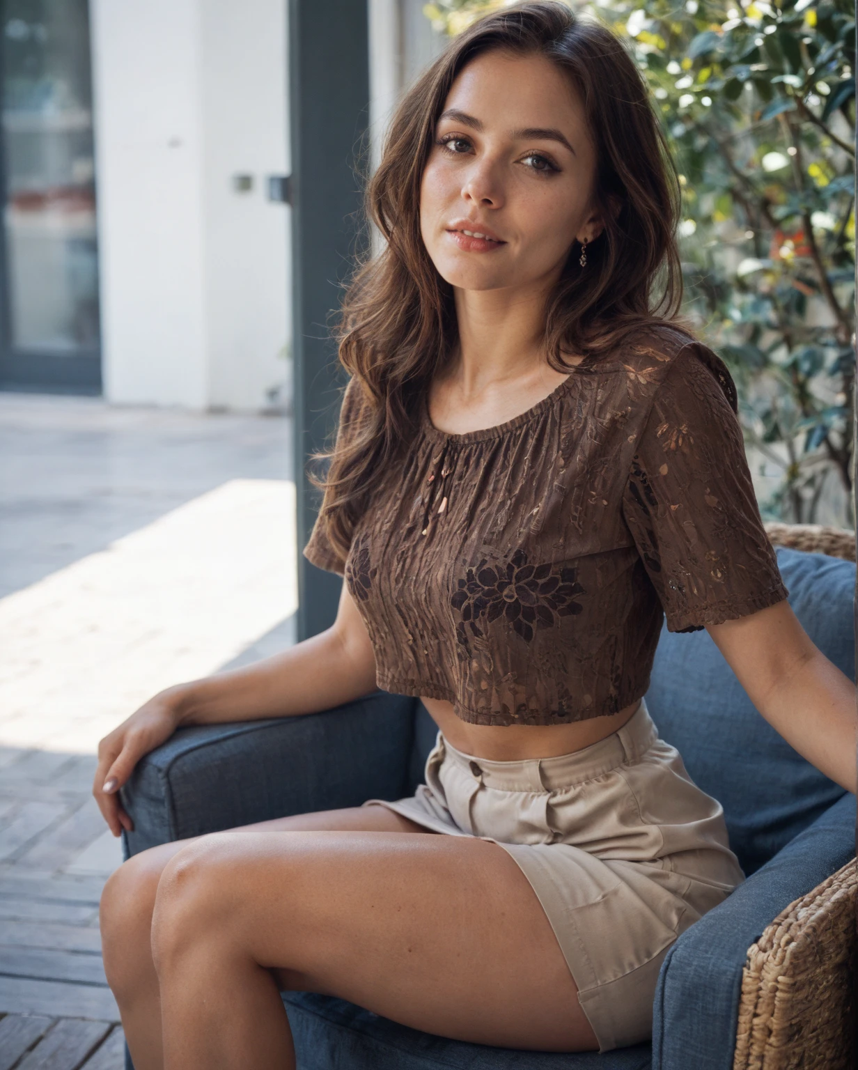 Pretty woman in a café sitting on a blonde table and blonde long hair