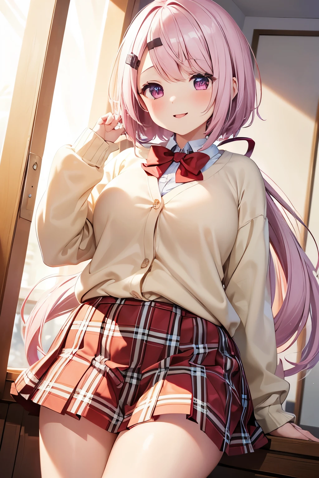 (8k, raw photo, masterpiece, extremely detailed, best quality, professional lighting, high res), BREAK beautiful and adorable girl, shiina yuika, very long hair, gradient hair, pink hair, white hair, low ponytail, hair ribbon, hairclip, plump face, big face, purple eyes, big eyes, red bow, brown cardigan, long sleeves, sleeves past wrists, pleated skirt, red skirt, plaid skirt, (short height, plump body, goofy, round face:1.3), (sleepy, lethergic, goofy face, idiot, mild personality, ennui, kindness, laid-back, relax:1.2), smile, opened mouth, wondering