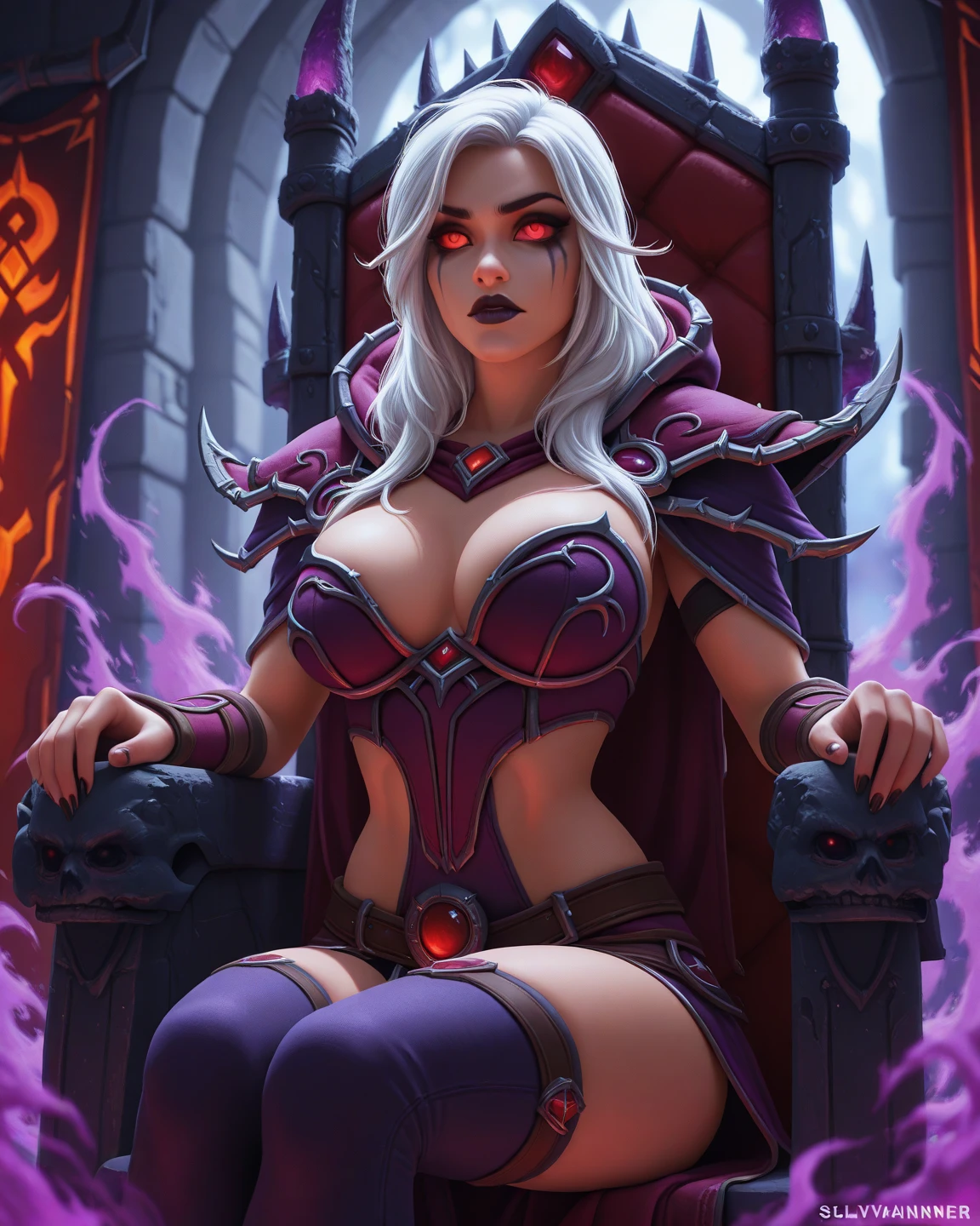 Sylvanas Windrunner - World of Warcraft, sexy and hot blonde elf girl, big tits, grey skin, thick legs, big ass, purple sexy lingerie, purple stockings, purple choker