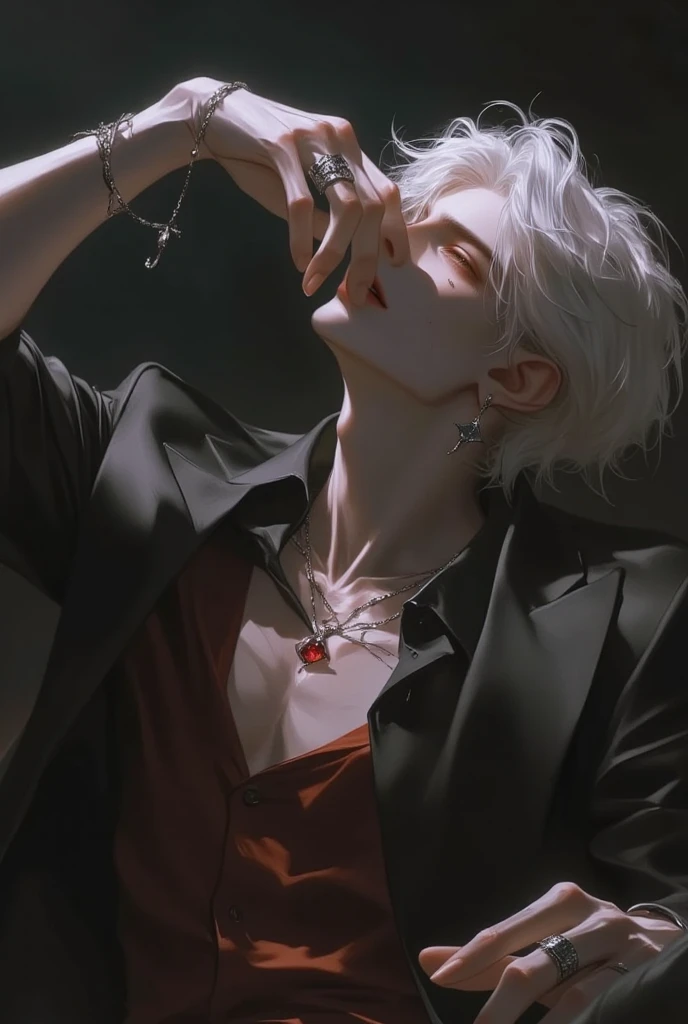 White hair、Red eyes、Black clothes、Black gloves、Cute two-block haircut、youth、male、View from the front、Highest quality、Being interrupted on a date with a girl、The man gets angry、The man attacks