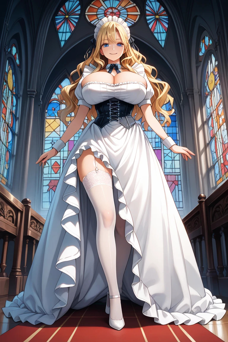 blonde hair, (blue eyes:0.8),
(masterpiece:1.2), highest quality, game CG,very_be familiar with,very_be familiar with_cg_unity_8K_wallpaper,figure,High resolution,disorganized,throw, window shades, particles of light,
(1 girl), (portrait), mature woman,mature woman, church, stage, (bride:1.3), (Princess:1.2),
beautiful fingers,beautiful long legs,beautiful body,beautiful nose,beautiful character design, perfect eyes, perfect face,
earrings, lipstick, bridal veil, dress, elbow gloves, gloves, indoors, compensate, petal, Thighhighs, veil, (wedding dress:1.4), white dress, white gloves, white Thighhighs, white garter belt, hair flower, uchikake, high heels, white shoes, (see-through legwear:1.3),
looking at the viewer, chest, (gigantic chest:1.2), (smile:0.7), sitting, (raise your feet:1.3), toe point, standing on tiptoe, 自分のchestに手を当てて, straighten hair, chest, very long hair, hanging shoes, reach out your hand, cleavage,