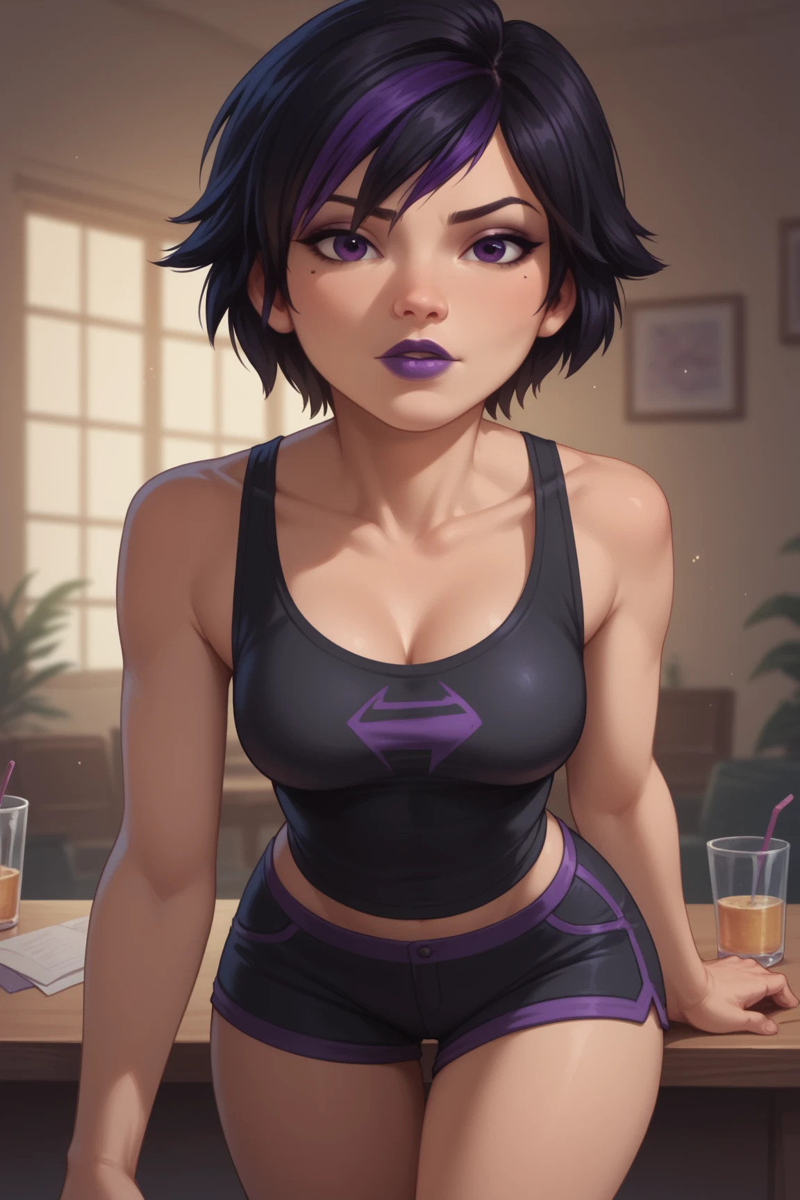 <lora:sam_manson:0.6>,sam manson,1girl,solo,black_hair,purple_eyes,lipstick,makeup,short_hair BREAK [SEP],
green plaid skirt BREAK [SEP],
black t-shirt,black combat boots BREAK [SEP],
purple pantyhose BREAK [SEP],
(deep plunging neckline, torn midriff, torn cleavage,torn clothes, torn legwear,bare shoulders, revealed cleavage,exposed medium breasts,navel,colarbone,covered nipples:1.1) BREAK [SEP],
(ambient lighting:1.1),(ultra realistic,32k,RAW photo:1.1),(high detailed skin:1.1),8k uhd,dslr BREAK [SEP],
high quality,film grain,(shiny glossy translucent clothing:1.1) BREAK [SEP],
full shot,looking at viewer seductively,flirty smile,naughty face,simple background,(insanely detailed,best quality,masterpiece,photorealistic:1.3),