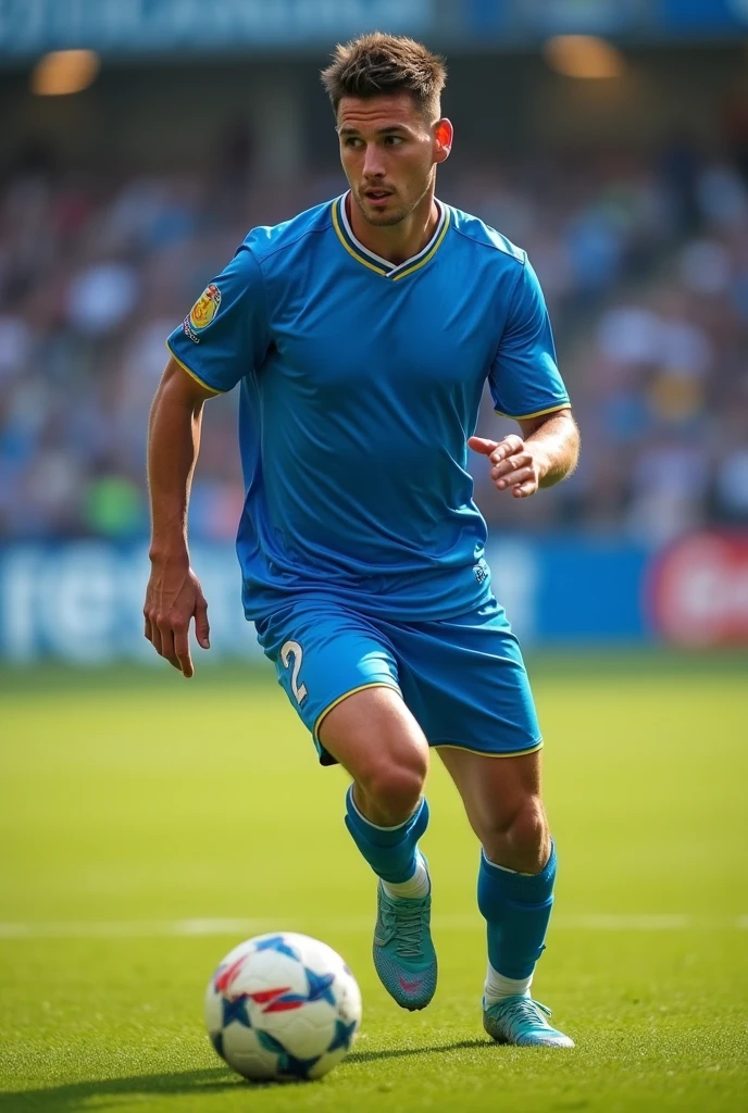 A man wearing a blue jersey and a white shorts and wearing a white skins in his full hand and a white sockins in his leg and wearing a blue football boot in his foot