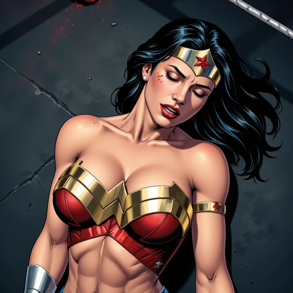 Very sexy picture, a girl, full body,
Gal Gadot playing the city Wonder Woman, full body picture, very beautiful face, seductive eyes, Smoky makeup,Dark eye shadow,Black eyeliner,Cry,眼泪冲花了Smoky makeup,Painful expression, her huge breasts as big as a watermelon, super big hips and ass, bikini uniform, Delicate face, rich environmental content, two legs plump and slender to seduce man, no shoes, legs apart, thong, outline clear camel toes, 1girl, beautiful girl, wonder woman, skirt, hanging, full body, (close eyes:1.3, weak, powerless, sleep), bruises body, (((shackles)), ((shackles and arms up, chain leads, metal collar, wrists tied)), bondage, slavery, restraint, (basemend wall backgroun, dirty, dark, creepy), best quality, masterpiece, arms up, comic style, cartoon source ,high quality painting, 8K,
