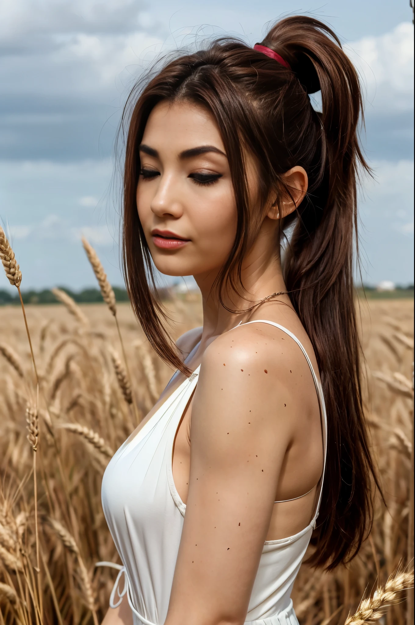 (masterpiece:1.4),, (best quality:1.4),, ultra-high res,, 8K, CG,, (extremely delicate and beautiful:1.2),, , upper body,, from side,, looking at viewer,, , 1girl,, solo,, fashi-girl,, mature girl,, , cute, sweet,, , in the wheat field,, blurry background,, , long brown hair,, ponytail hair,, , brown eyes,, closed mouth,, red lips,, , face brushed by the wind,, , dress,, tara.tainton
