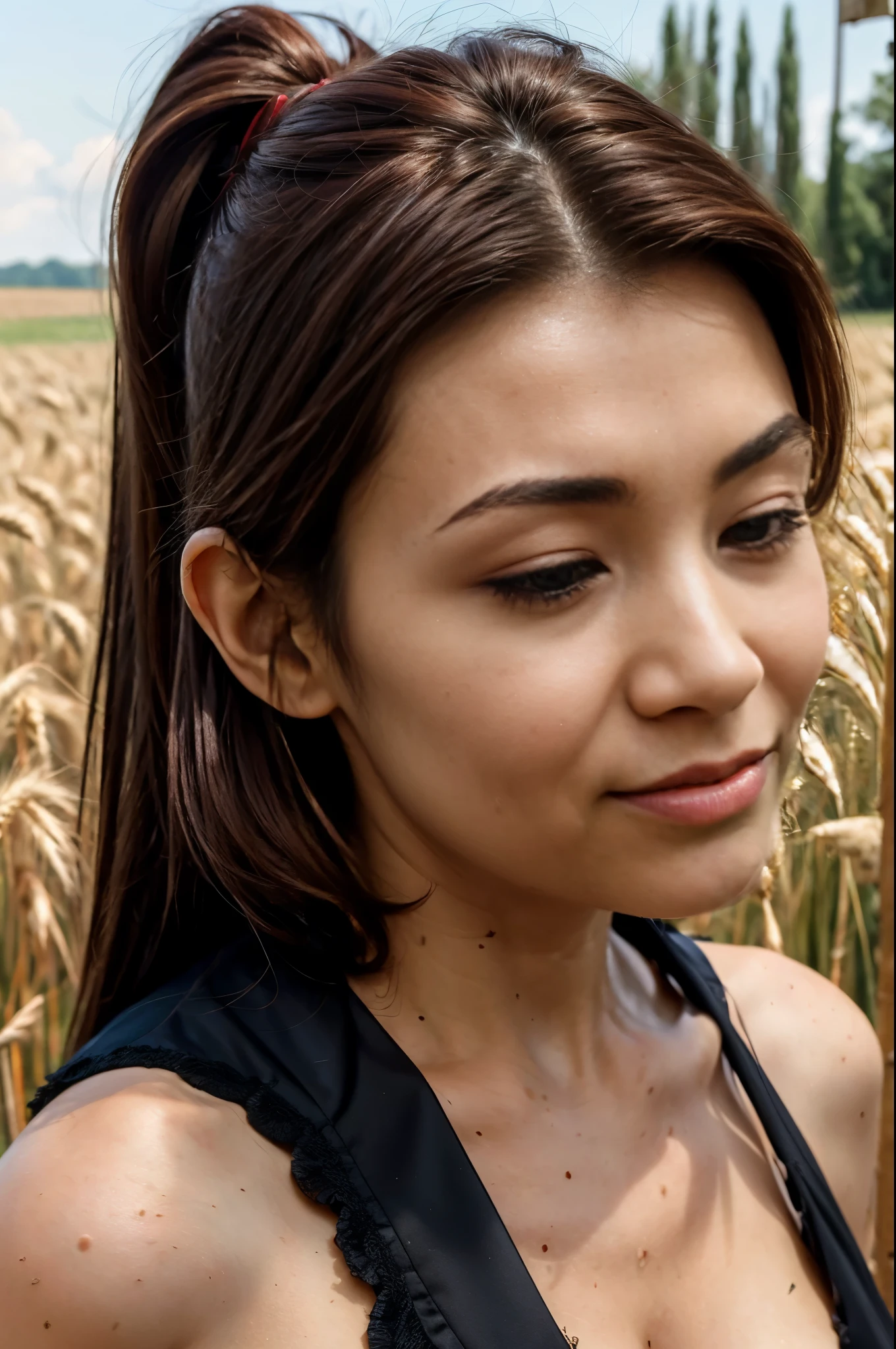 (masterpiece:1.4),, (best quality:1.4),, ultra-high res,, 8K, CG,, (extremely delicate and beautiful:1.2),, , upper body,, from side,, looking at viewer,, , 1girl,, solo,, fashi-girl,, mature girl,, , cute, sweet,, , in the wheat field,, blurry background,, , long brown hair,, ponytail hair,, , brown eyes,, closed mouth,, red lips,, , face brushed by the wind,, , dress,, tara.tainton