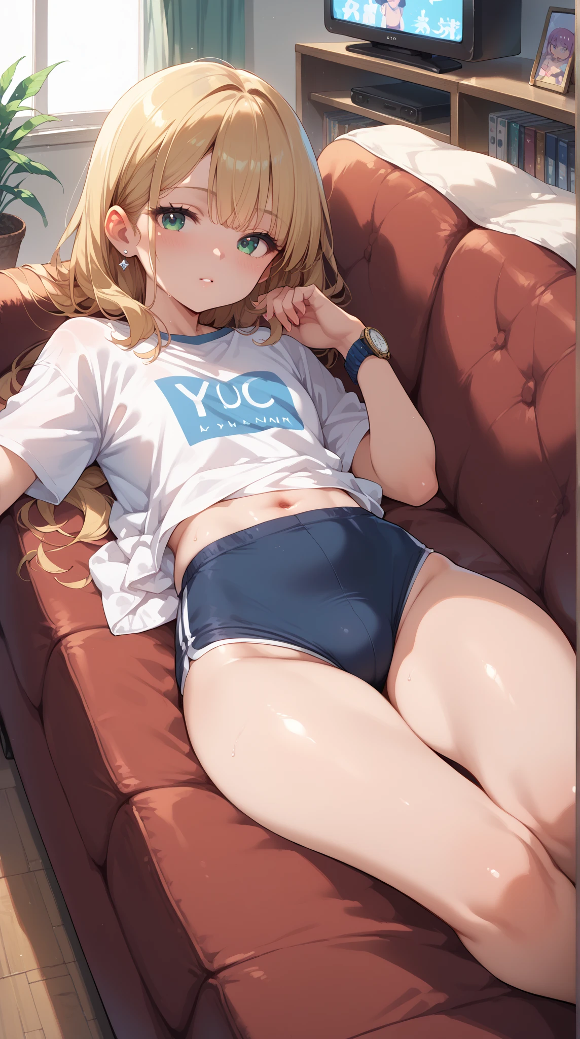 (masterpiece, best quality:1.2), solo, Android 18 from Dragon Ball, ((light gray baggy crop T-shirt, short sleeve, black thin thigh highs, knees up, beautiful butt, gray dolphin shorts)), small breasts, short blonde hair loose, ((close eyes)), (wearing glasses), earrings on earlobes, slender feminine figure, skinny body, cleavage, light blush, chill, organized, simple, white-based interior, a few plants, cloudy sky, terrace, magnificent view, blur background, 4K, on the cute chair, (pale blue chair), pink strings of thong underwear, midriff-baring, armpit, pantyshot, arms up behind,