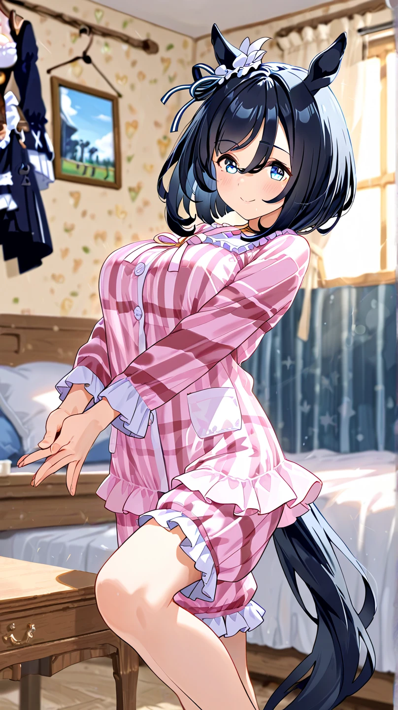 Sakura Jinguji, with her long black hair cut, wearing a long sleeved, luxuriously embroidered, super shiny satin, light blue Western frill dress, spreads her pubic area　She was crying in her bedroom while a hose was inserted into her crotch and urine was collected.　Having your urine checked
